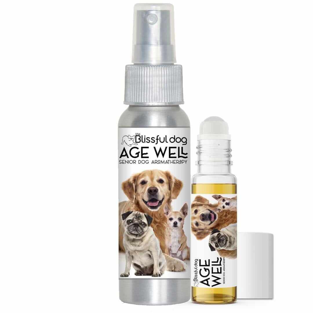 Dog aromatherapy for senior dogs - Age Well aromatherapy spray and roller for emotional support.