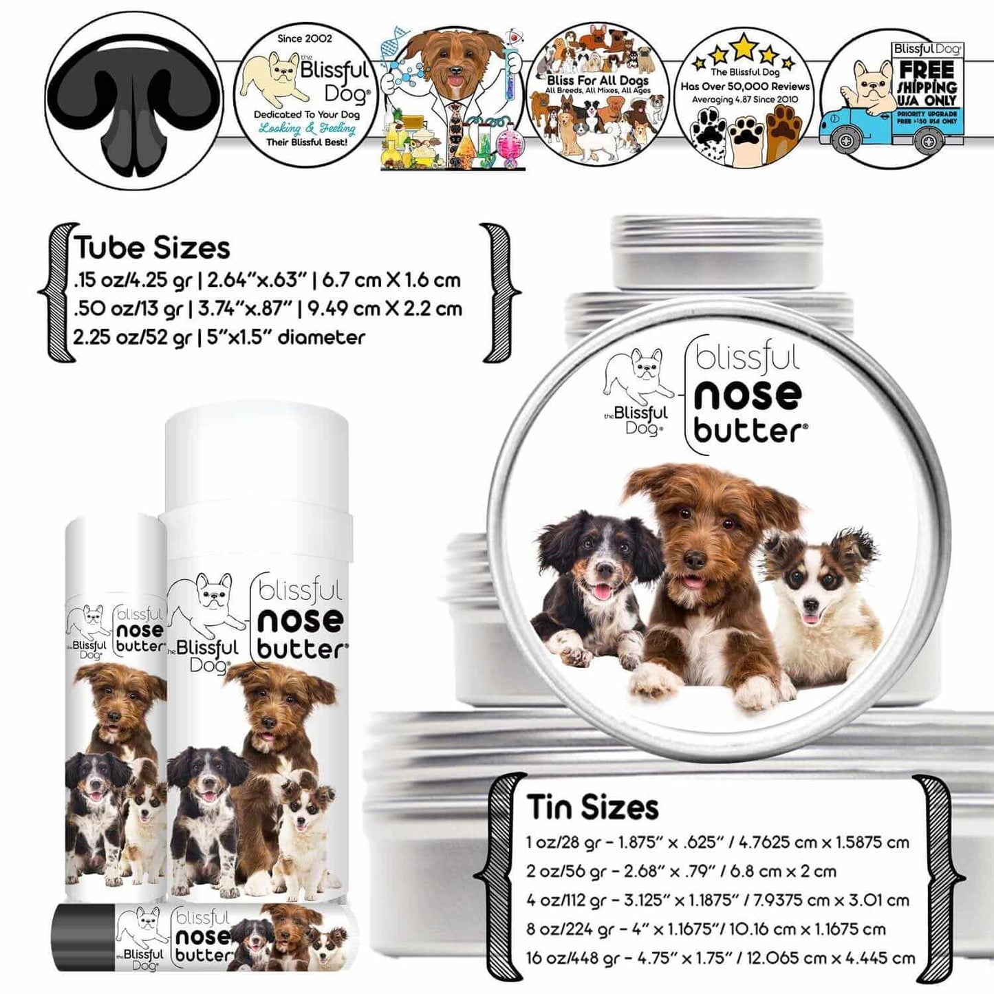 3 Cute Puppies Nose Butter packaging showcasing tube and tin sizes for dog nose care.