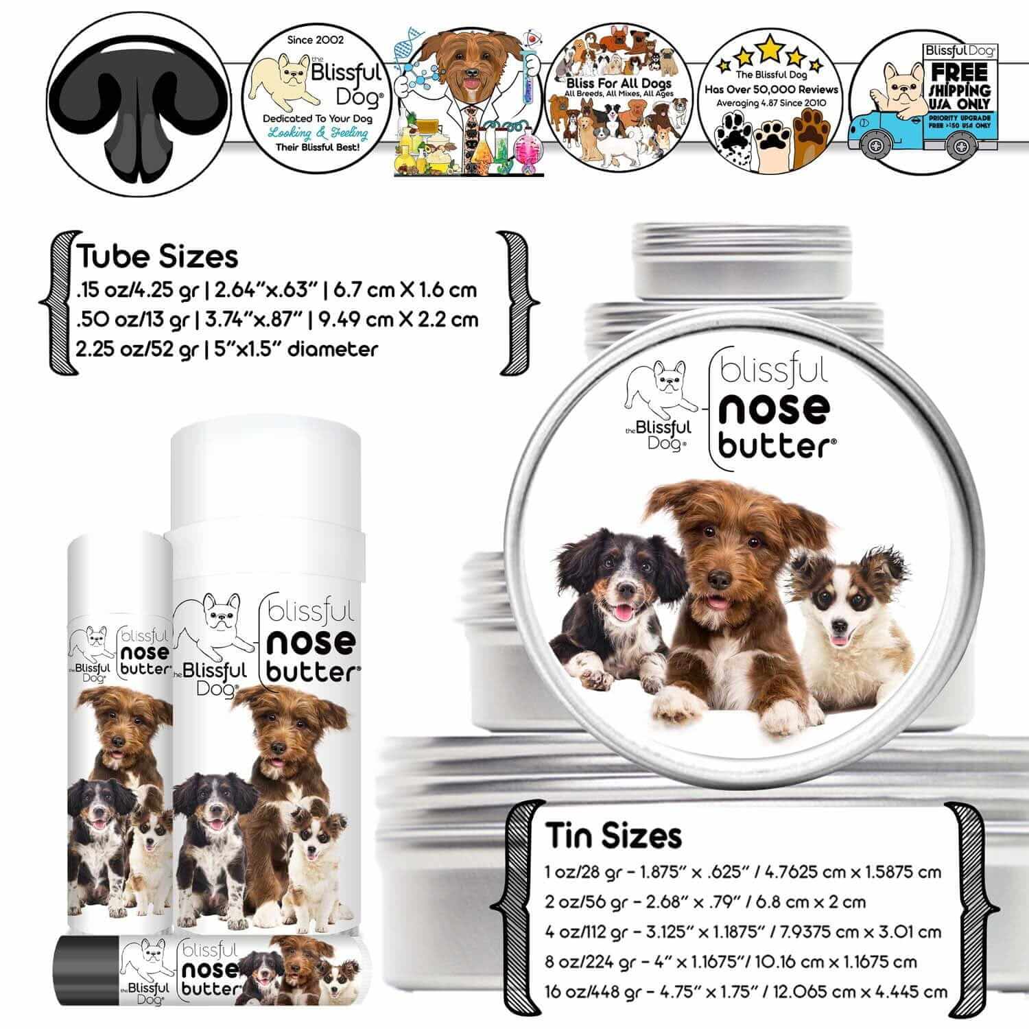 3 Cute Puppies Nose Butter packaging showcasing tube and tin sizes for dog nose care.