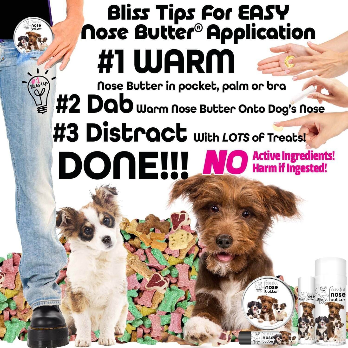 Bliss Tips For EASY application of 3 Cute Puppies Nose Butter with dogs and treats