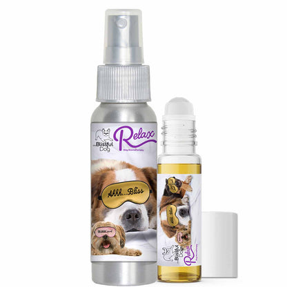 3 Cute Puppies Relax Dog Aromatherapy spray and roller for calming dogs during storms.