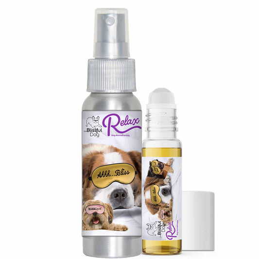 3 Cute Puppies Relax Dog Aromatherapy spray and roller for calming dogs during storms.