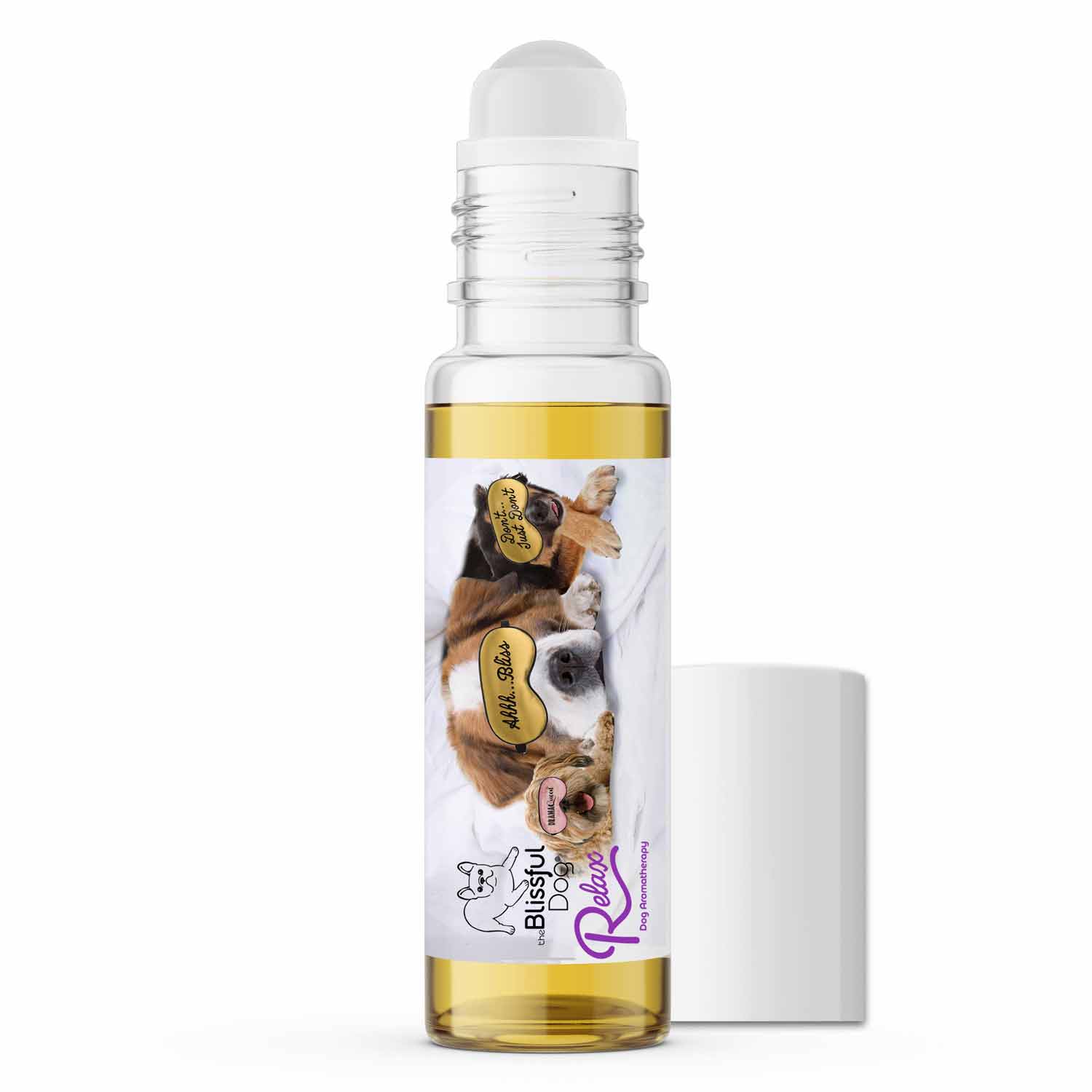 3 Cute Puppies Relax Dog Aromatherapy roll-on bottle designed to calm dogs during storms.