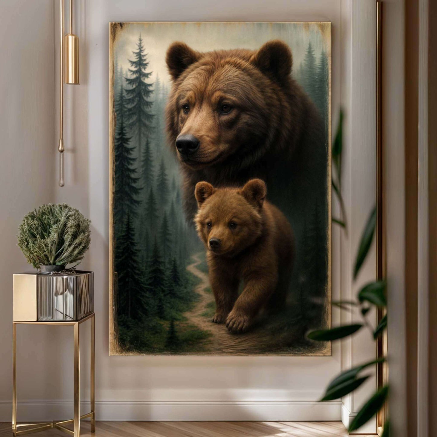 Path of the Wild Kin Bear and Cub Canvas Wall Art featuring a majestic bear and cub in a forest setting.
