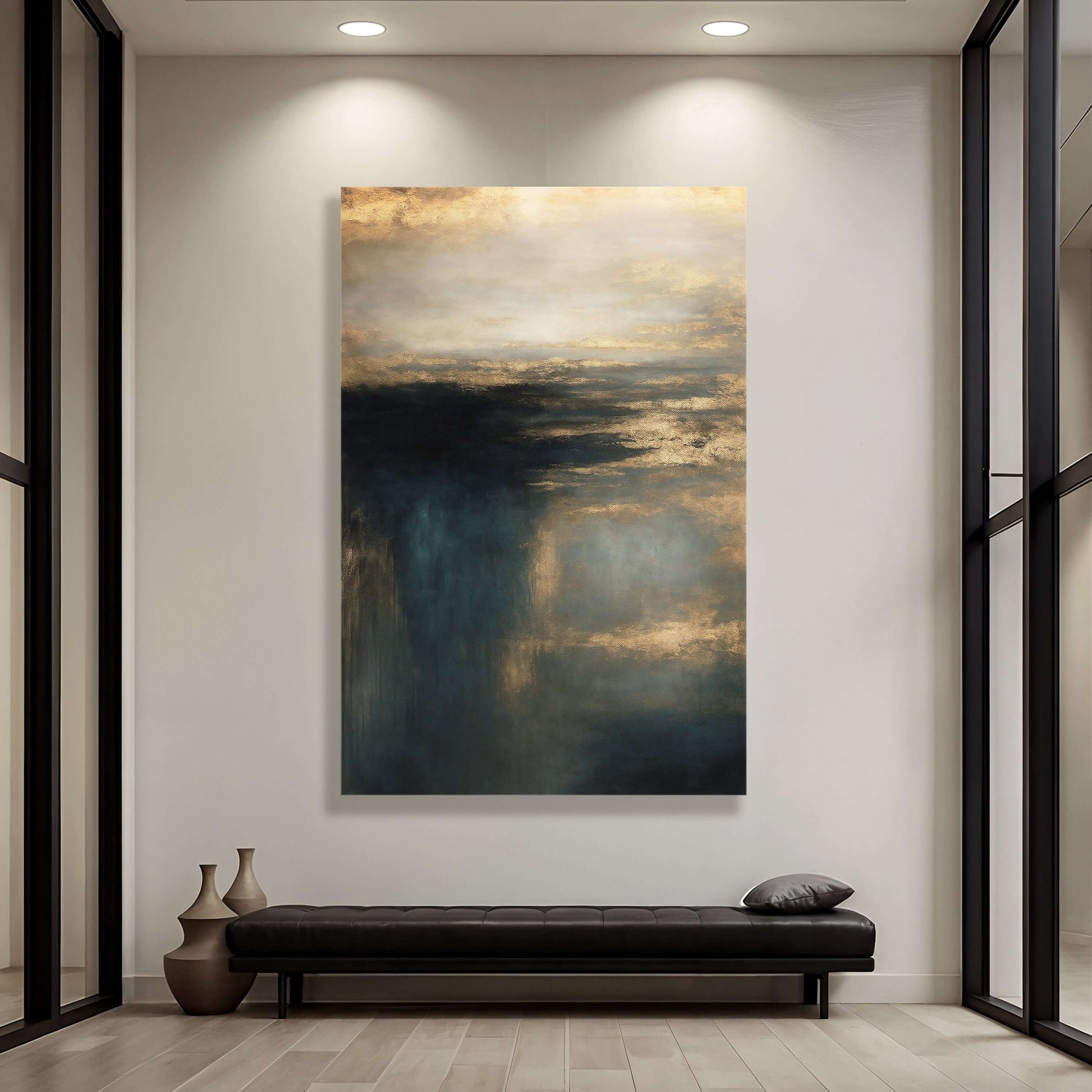 Cloudscape Glimmer Canvas Wall Art displayed in a modern living room with white walls and a black bench.