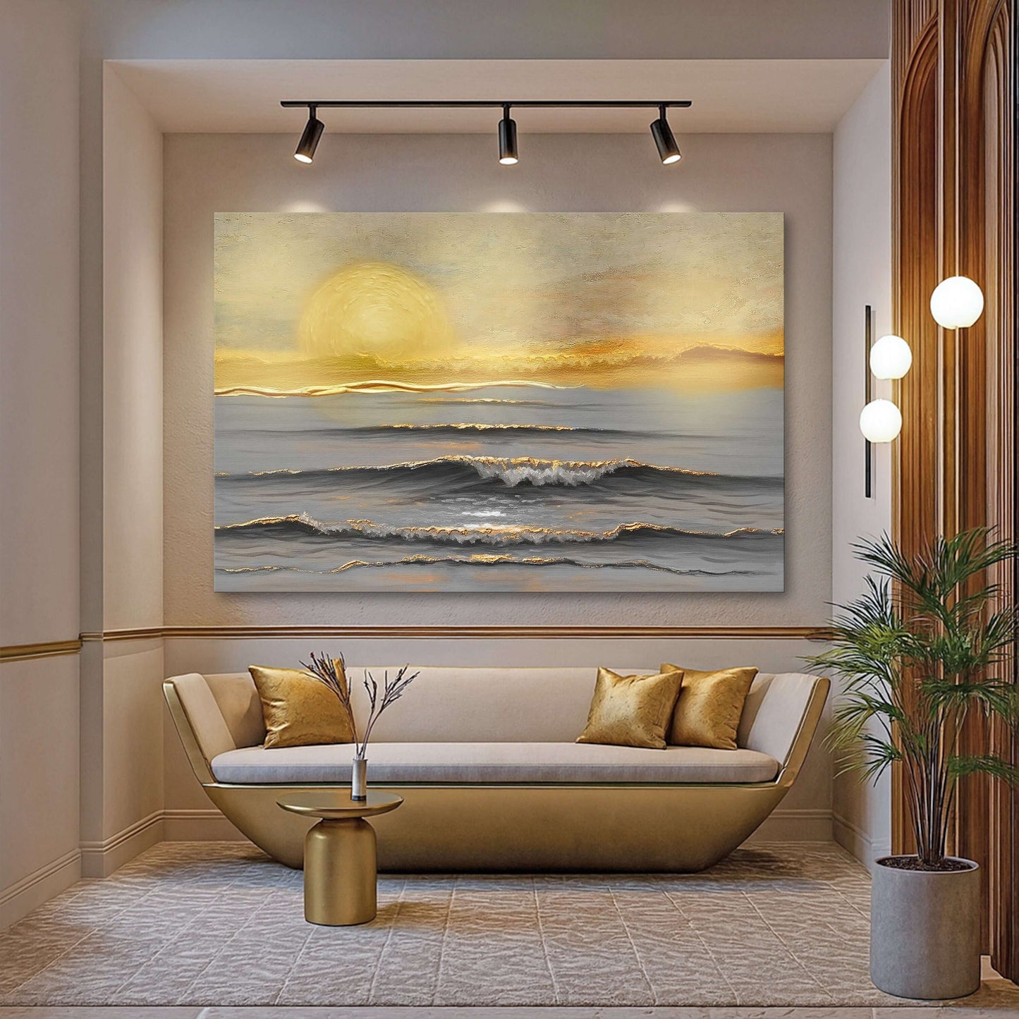 Golden Horizon Calm Canvas Wall Art displayed in a stylish living room with modern decor.