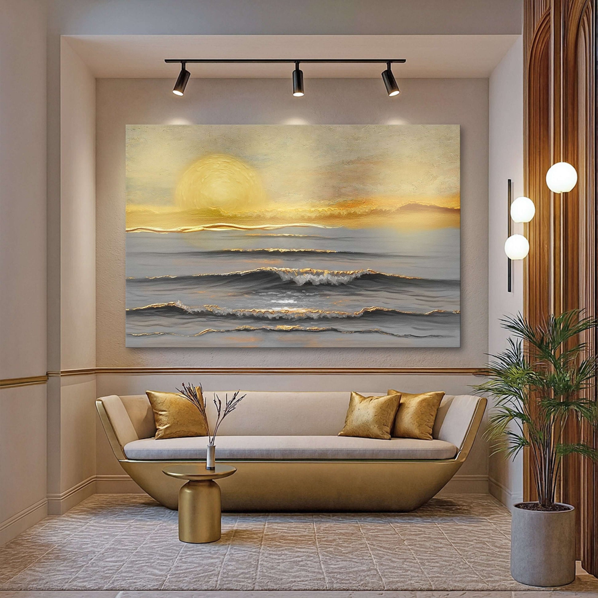 Golden Horizon Calm Canvas Wall Art displayed in a stylish living room with modern decor.