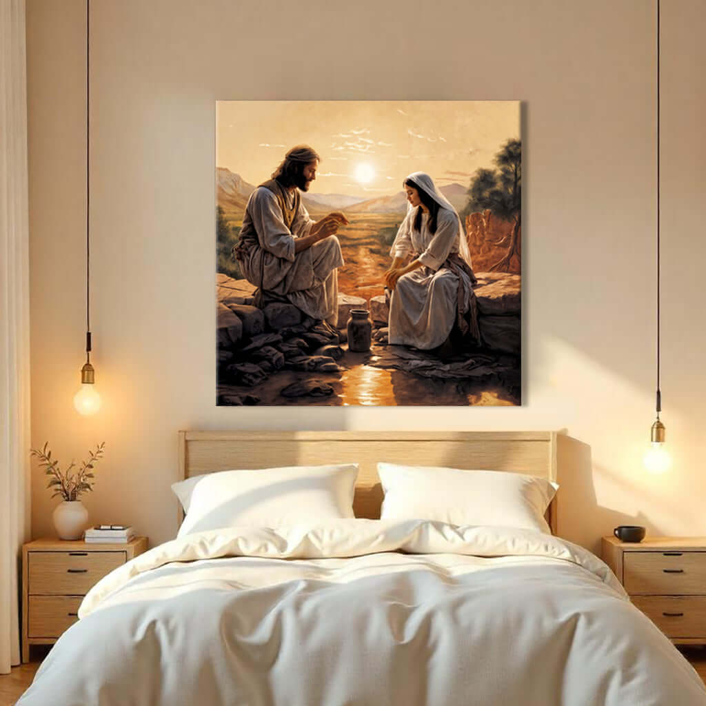 Samaritan at the Well Faith Wall Canvas Art III displayed in a stylish bedroom setting.