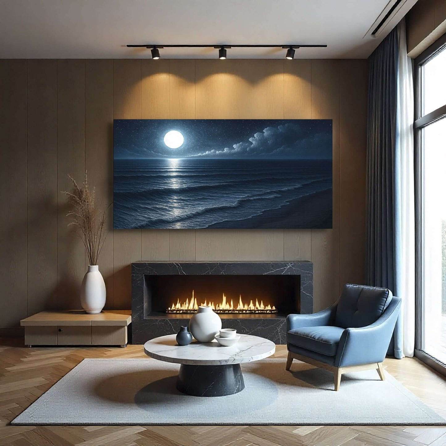 Beach Shoreline Coastal Wall Art displayed above a modern fireplace in a stylish living room setting.