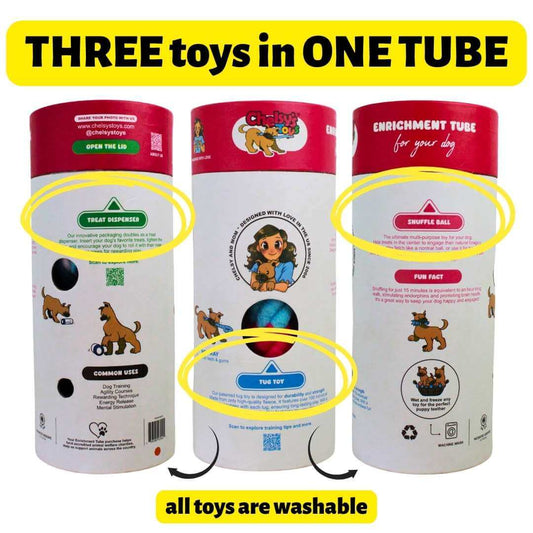 3-in-1 Bundle Enrichment Tube for Dogs showing treat dispenser, snuffle ball, and tug toy with fun facts.