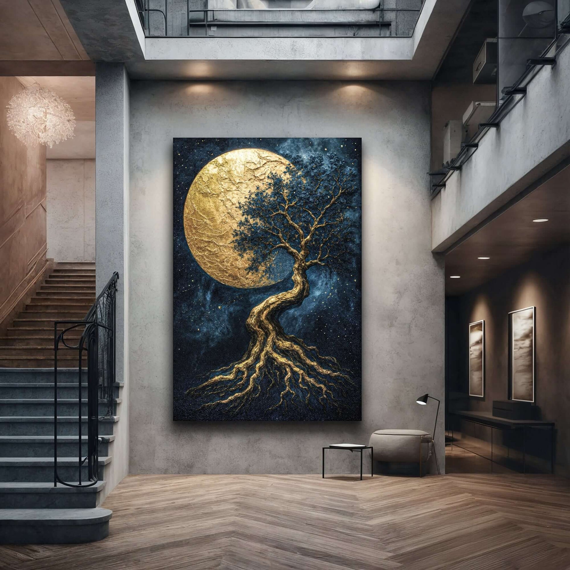 Lunar Tree of Life Canvas Wall Art featuring a tree against a moonlit night in a modern interior setting.