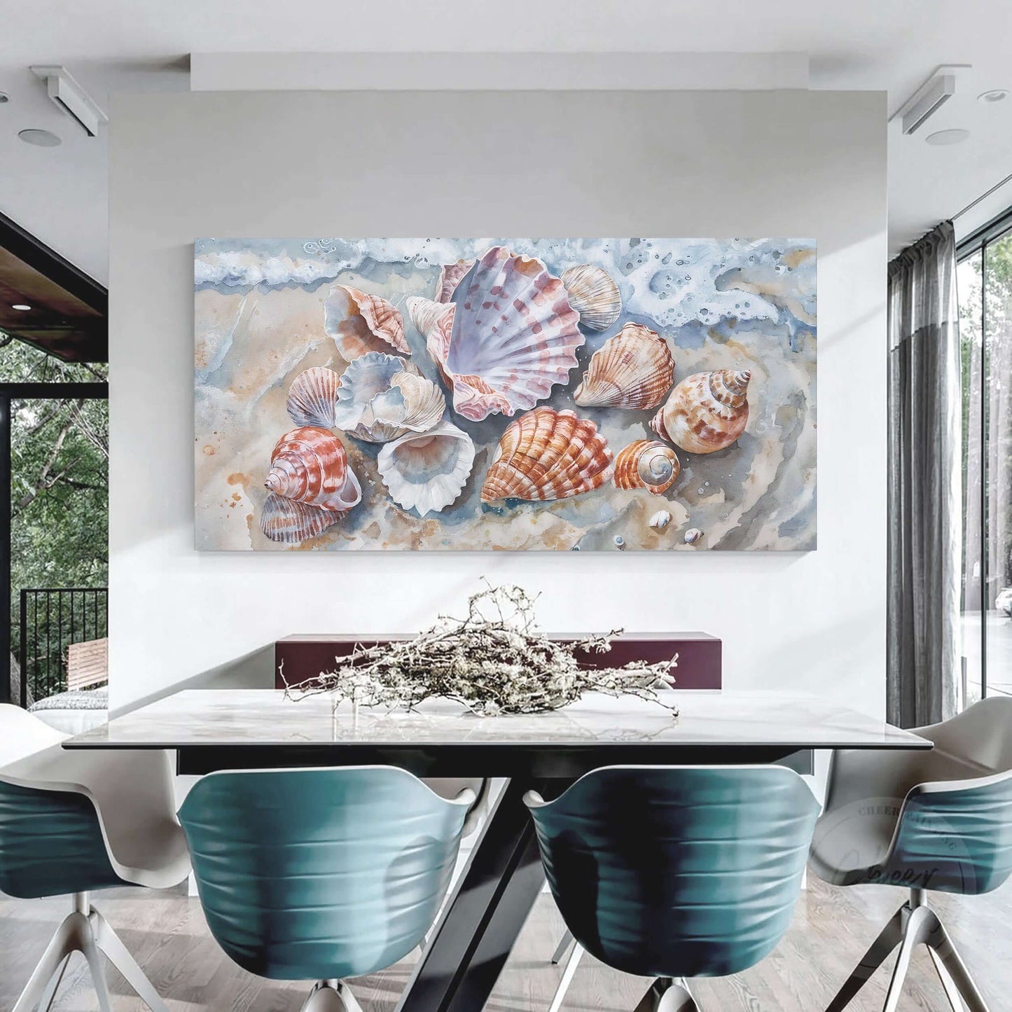 Sea Shells Modern Coastal Wall Art displayed in a bright dining room with a modern table and chairs.