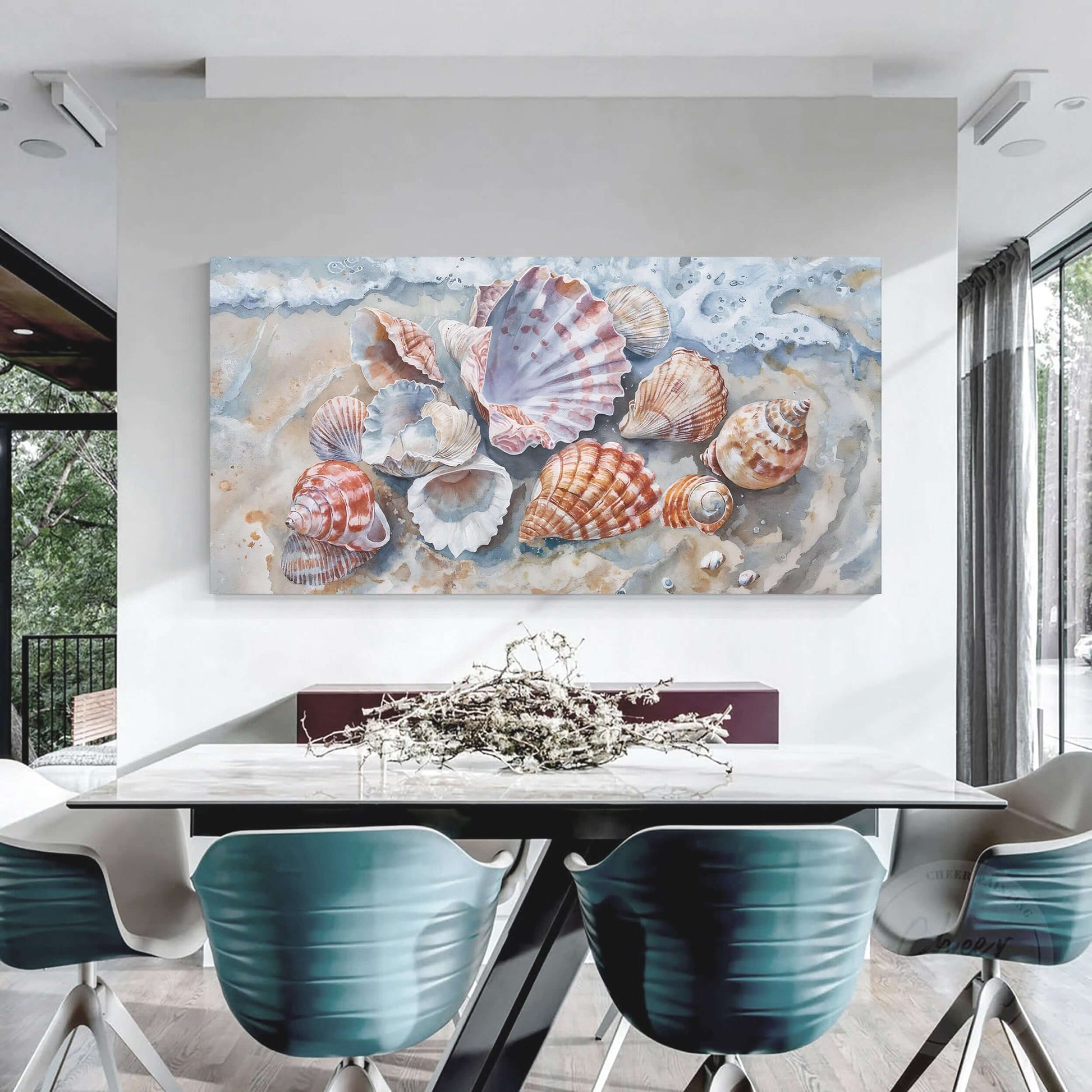 Sea Shells Modern Coastal Wall Art displayed in a bright dining room with a modern table and chairs.