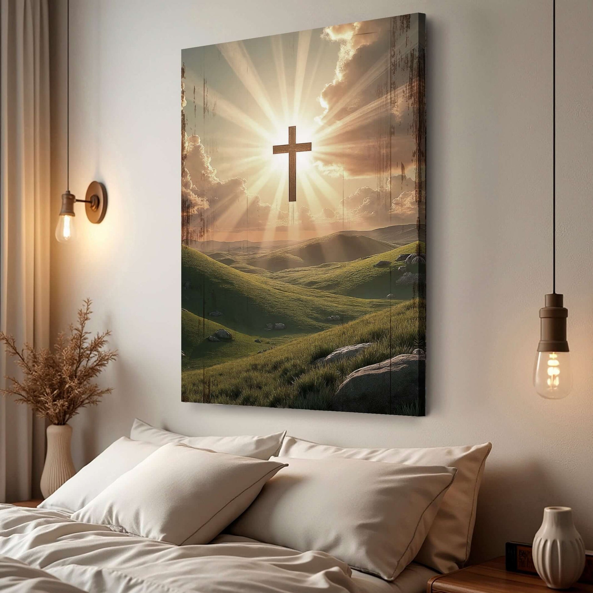 Amazing Grace Canvas Wall Art Made in USA depicting a cross in a sunlit landscape, enhancing home décor.