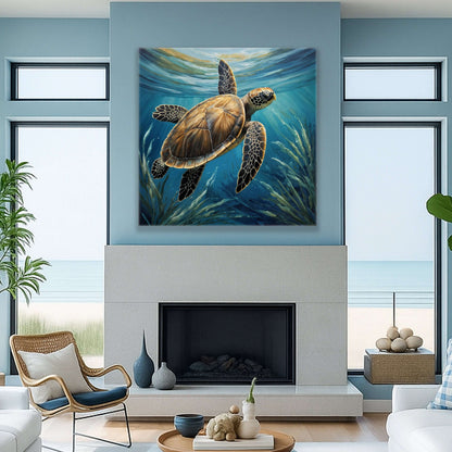 Turtle In Seagrass Coastal Canvas Wall Art