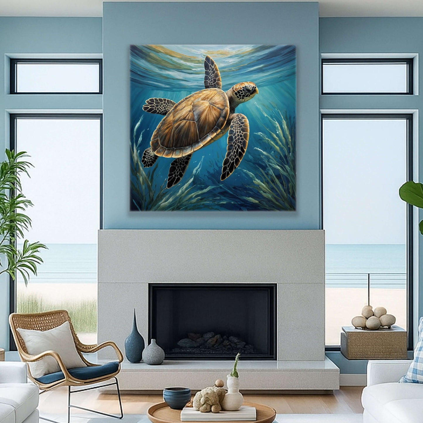 Turtle In Seagrass Coastal Canvas Wall Art displayed in a beach-themed living room with large windows.