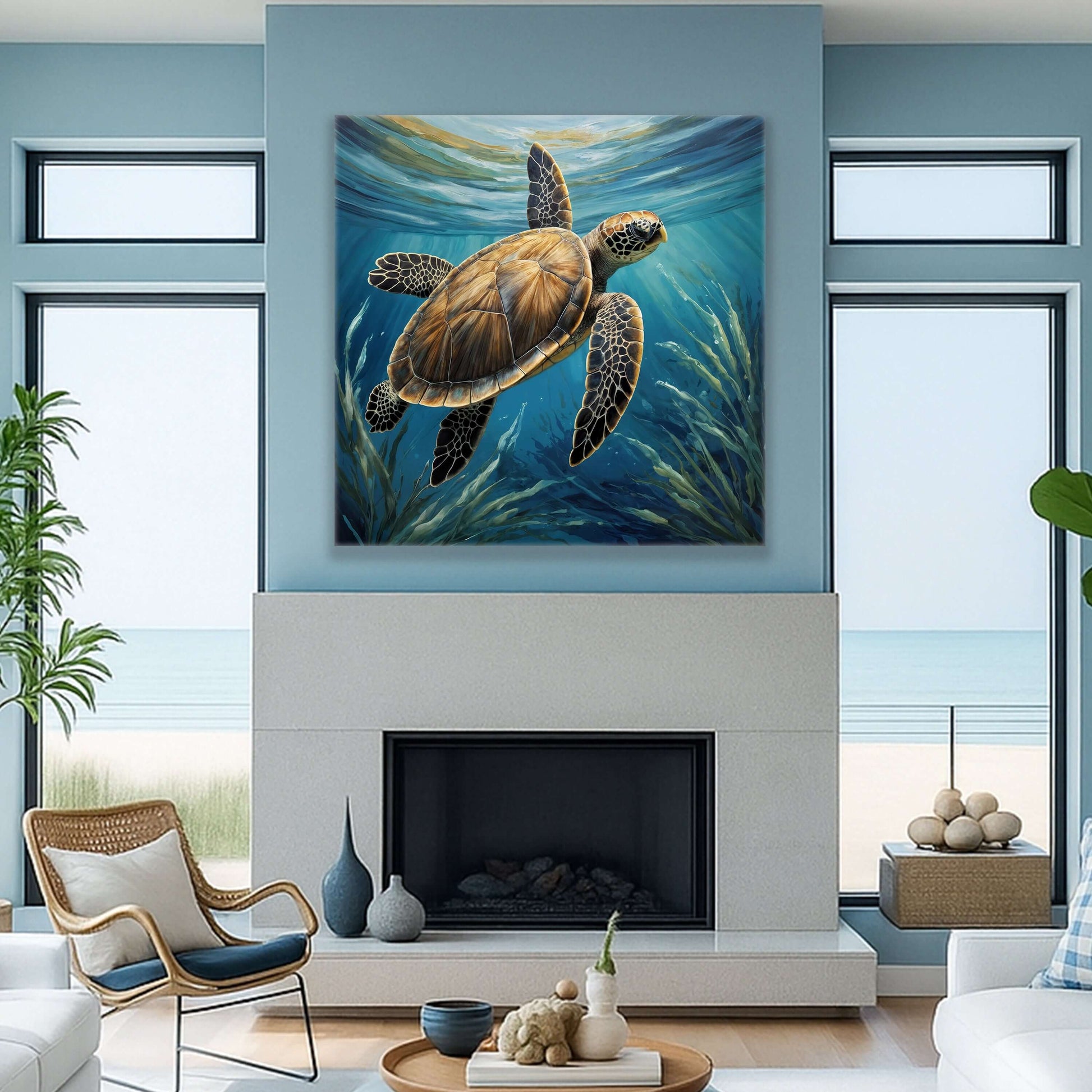 Turtle In Seagrass Coastal Canvas Wall Art displayed in a beach-themed living room with large windows.