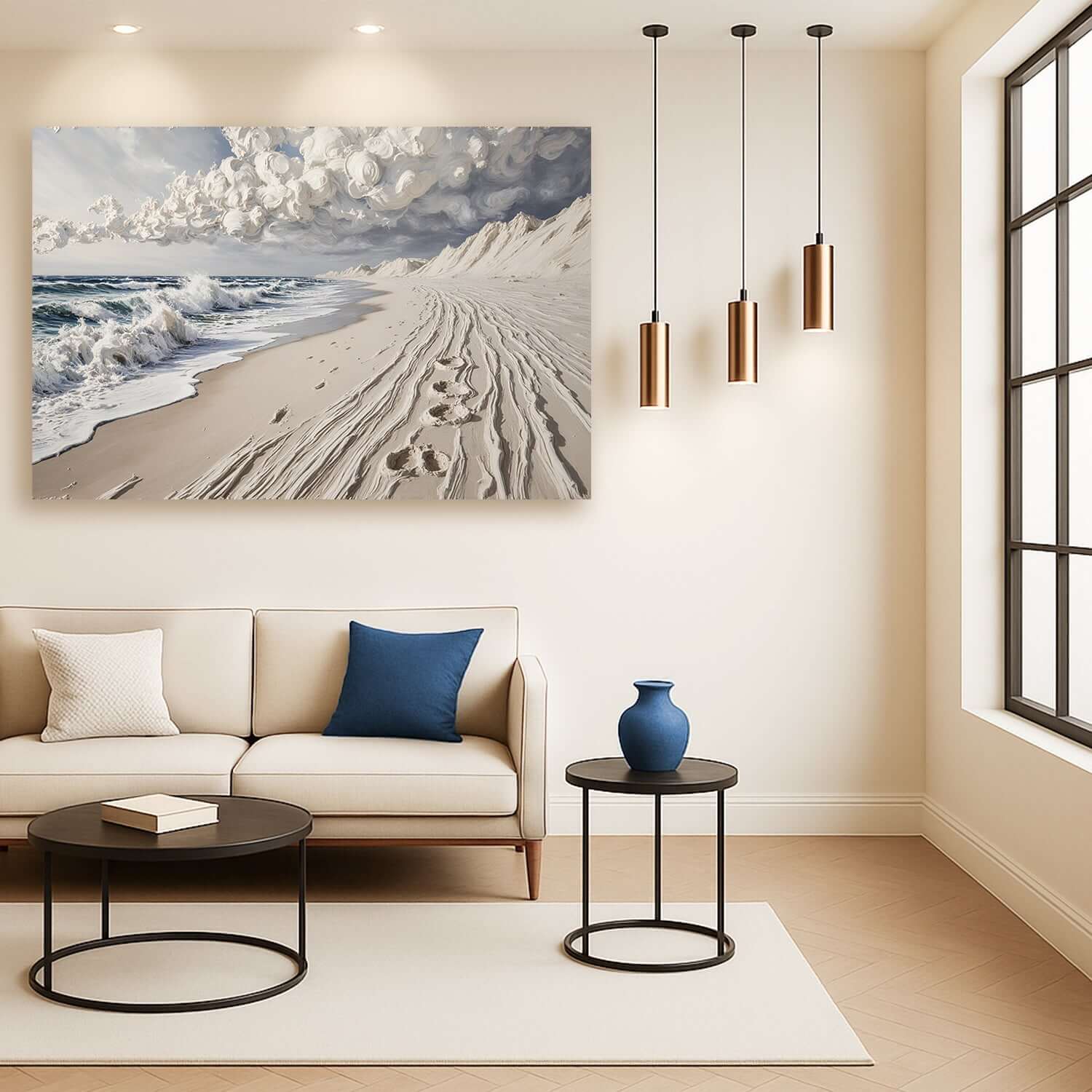 Footprints in the Sand Canvas Wall Art displayed in a modern living room with beach view and natural light.