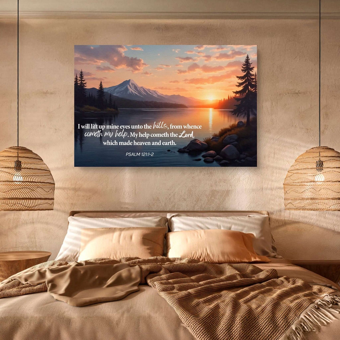 Psalm 121:1-2 - A Song Of Ascents Faith Wall Sign displayed in a cozy bedroom setting.