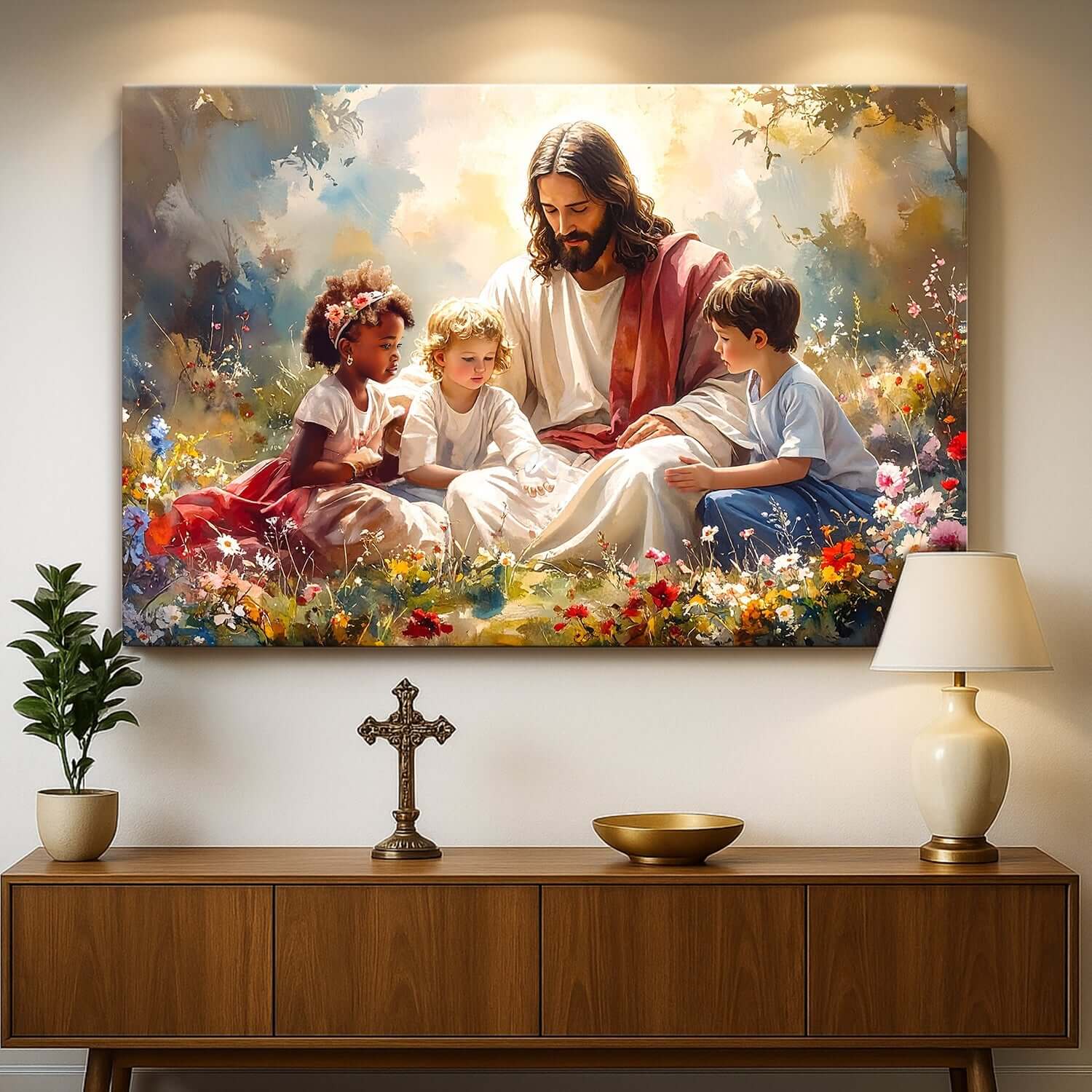 Jesus With Children Faith Wall Canvas Art VIII displayed in a warm home setting with children and flowers.