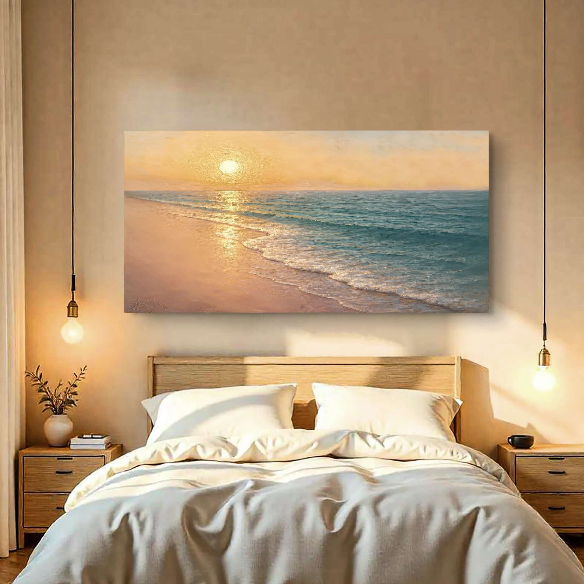 Beach Shoreline Coastal Wall Art IV displayed above a cozy bed in a serene bedroom setting with sunset and ocean view.