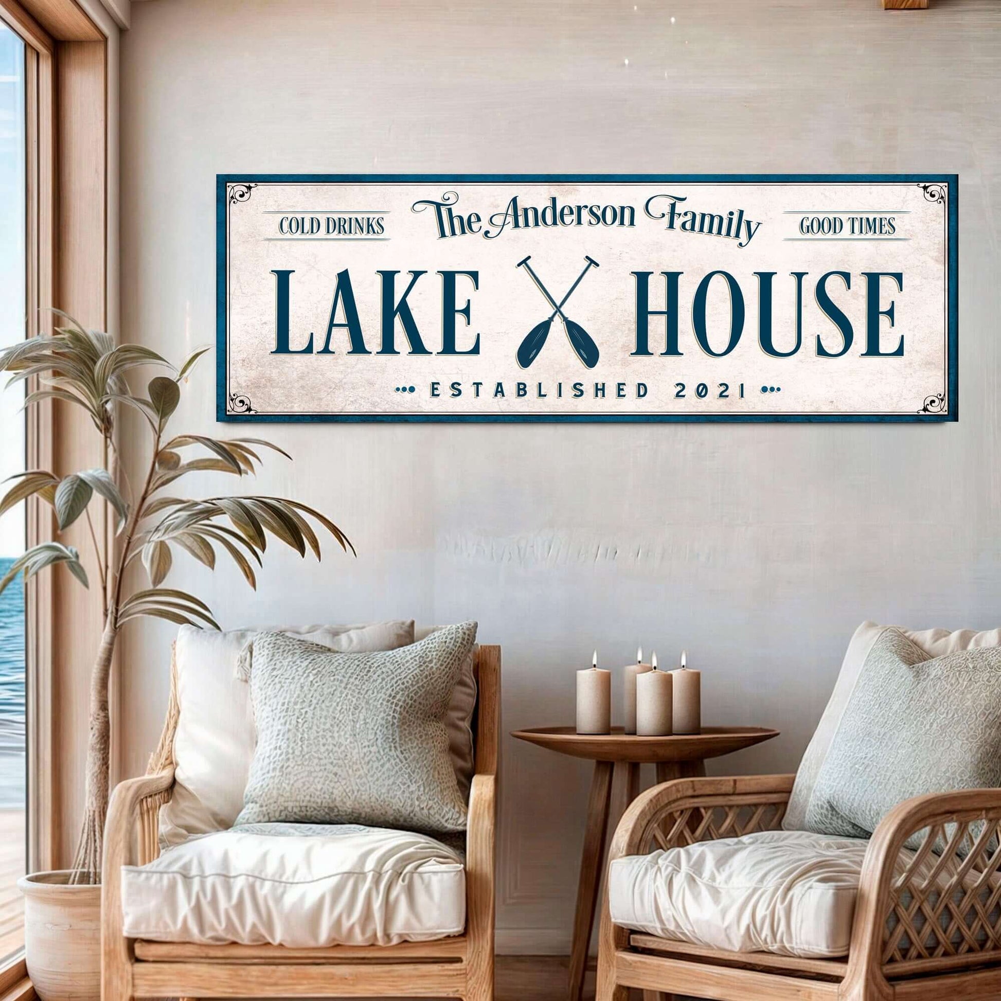 Personalized Lake House Sign IV displayed in a cozy living room with lake-themed decor.