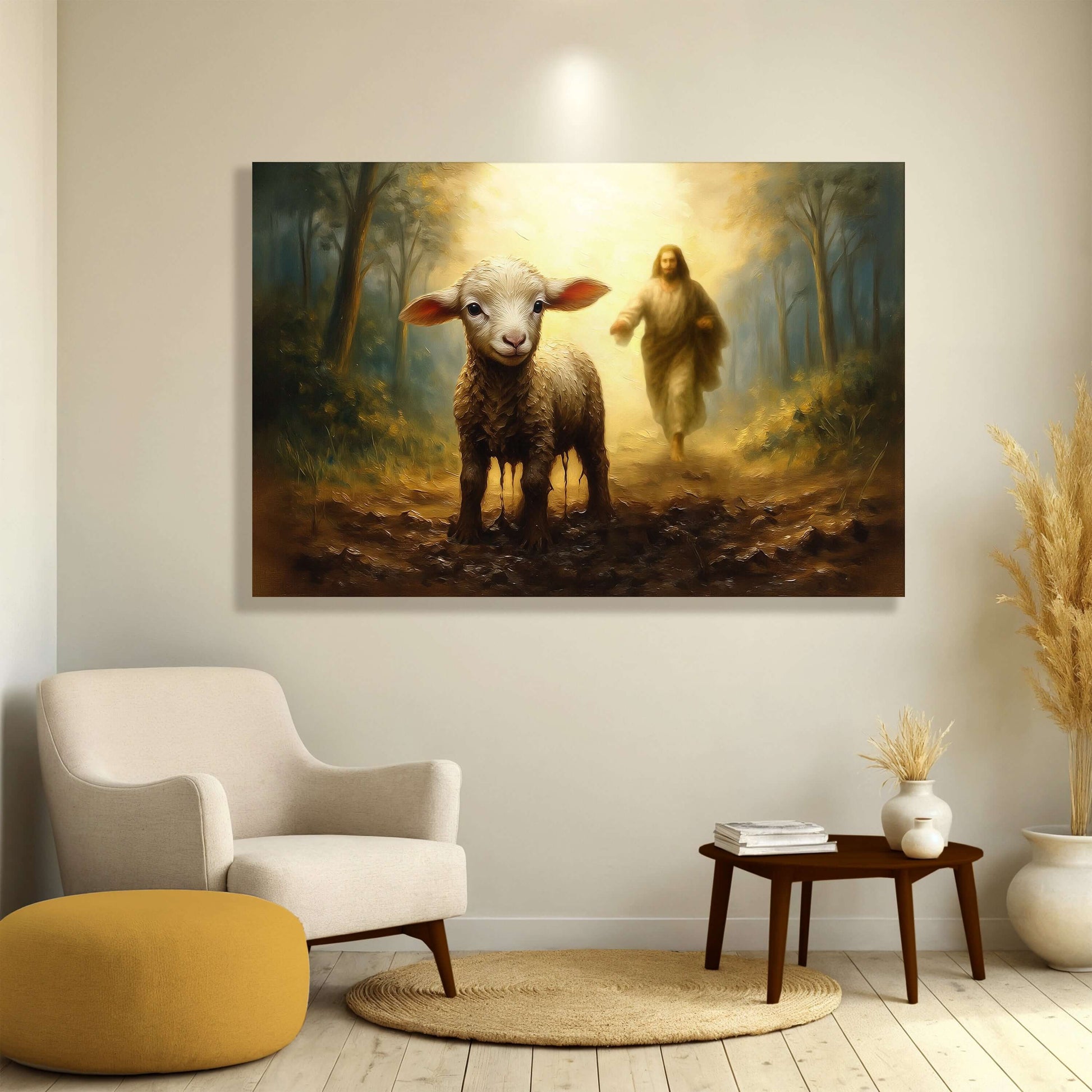 Jesus Running After A Lost Lamb Faith Wall Art in a cozy living room setting