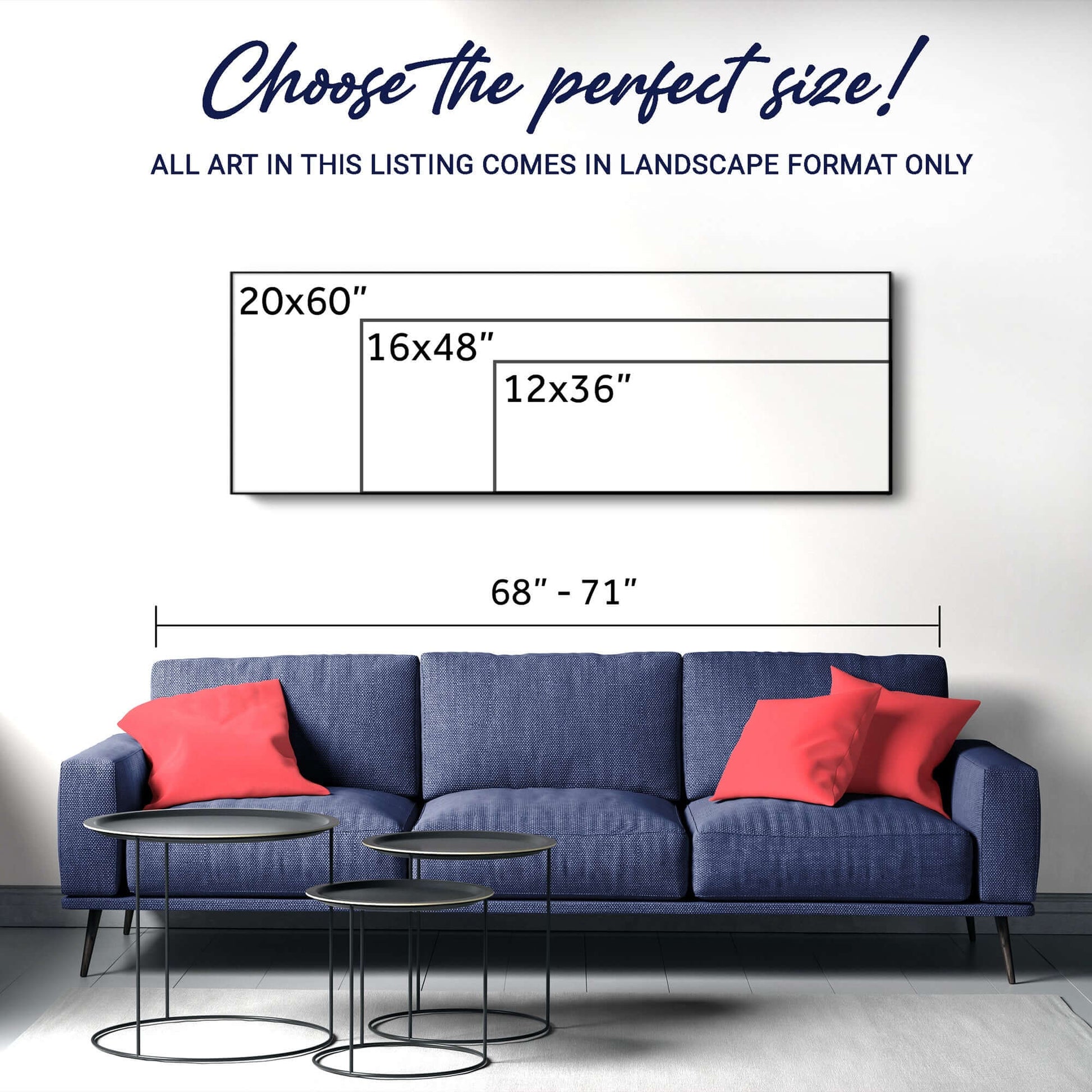 Choose the perfect size for art prints in landscape format next to a stylish blue sofa and coffee tables.