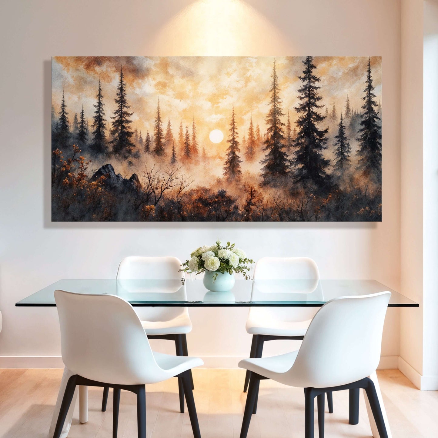 Rustic Forest Sunset Canvas Wall Art featuring majestic trees and a serene sunset in an elegant dining space.