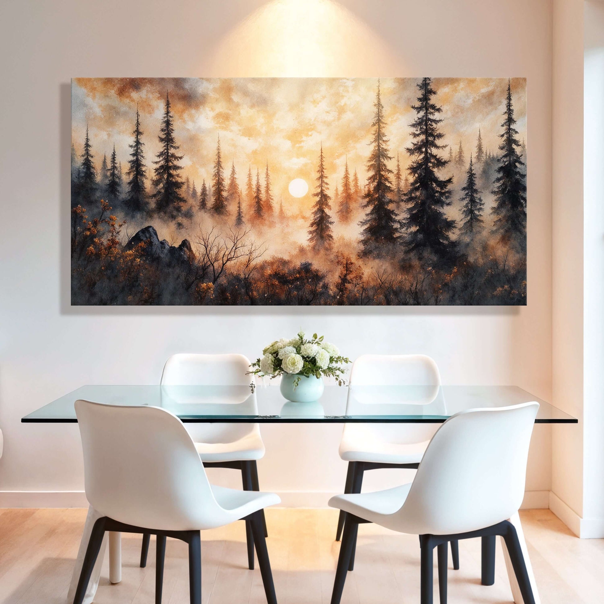 Rustic Forest Sunset Canvas Wall Art featuring majestic trees and a serene sunset in an elegant dining space.