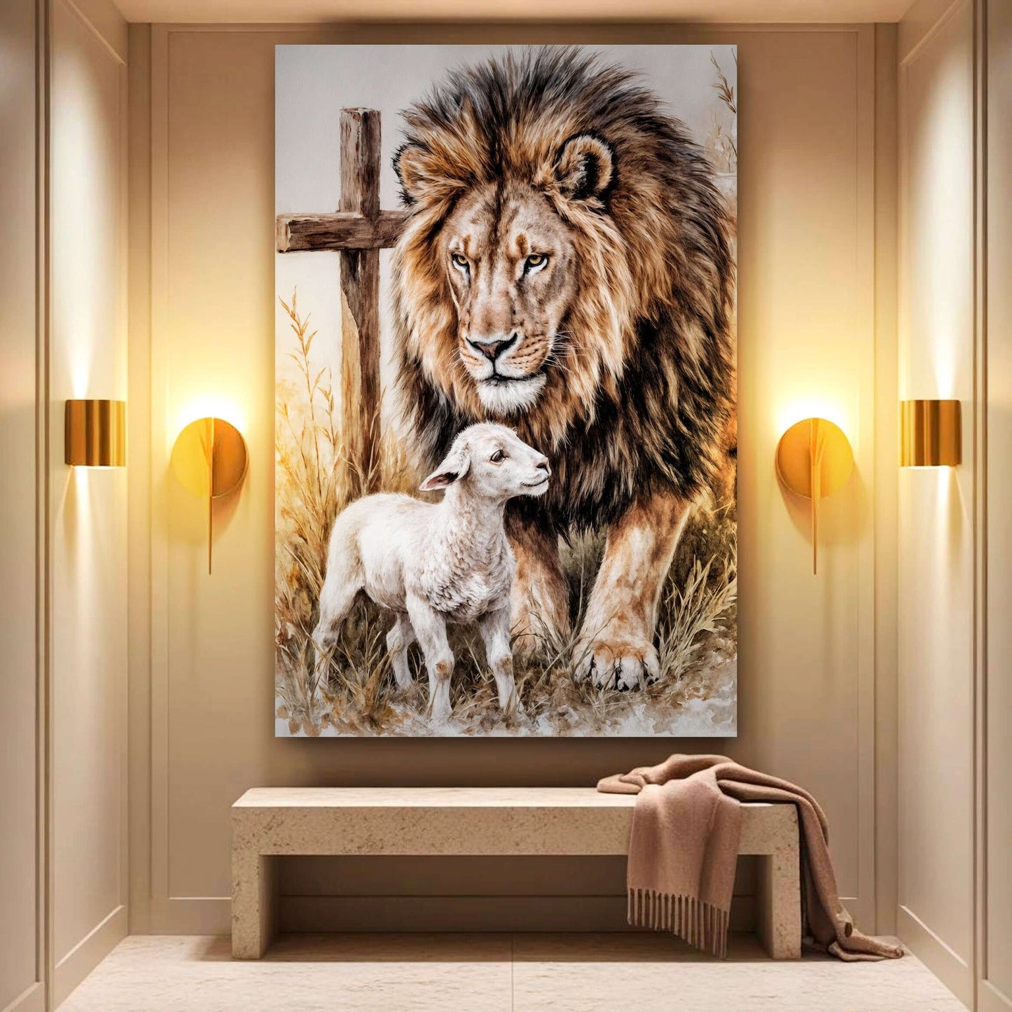 Lion And Sheep Faith Wall Art II displayed in a modern interior with a lion and sheep, enhancing spiritual decor.