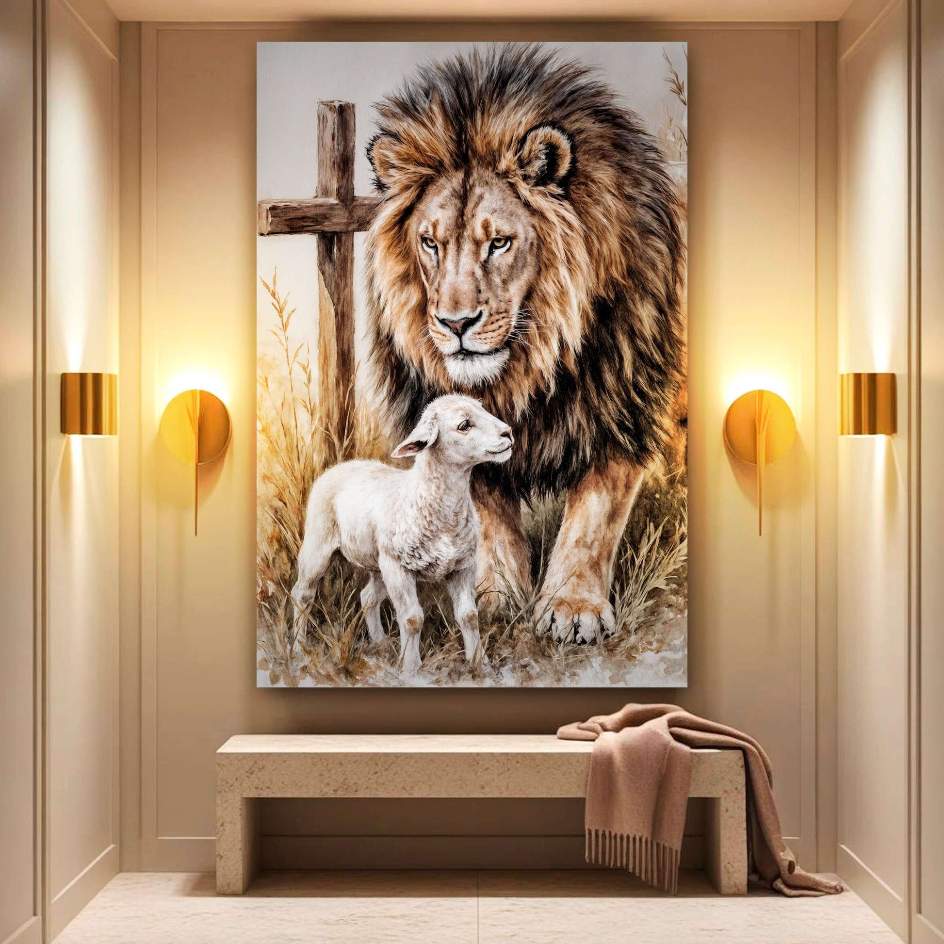 Lion And Sheep Faith Wall Art II displayed in a modern interior with a lion and sheep, enhancing spiritual decor.