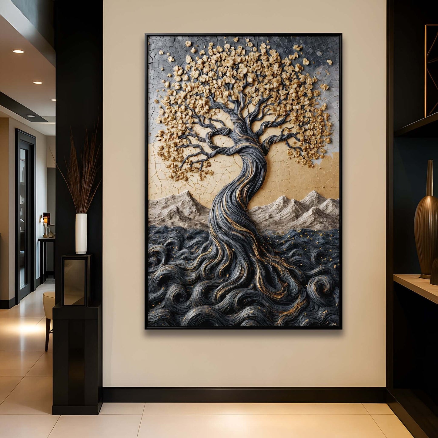 Golden Tree of Life Minimalist Impasto Wall Art displayed in a modern living room setting.