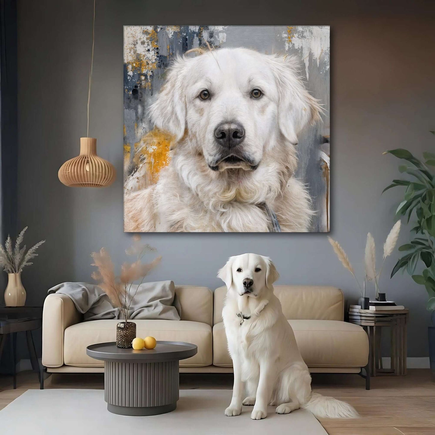 Customized Pet Portrait Abstract Wall Art featuring a fluffy white dog in a stylish living room setting.