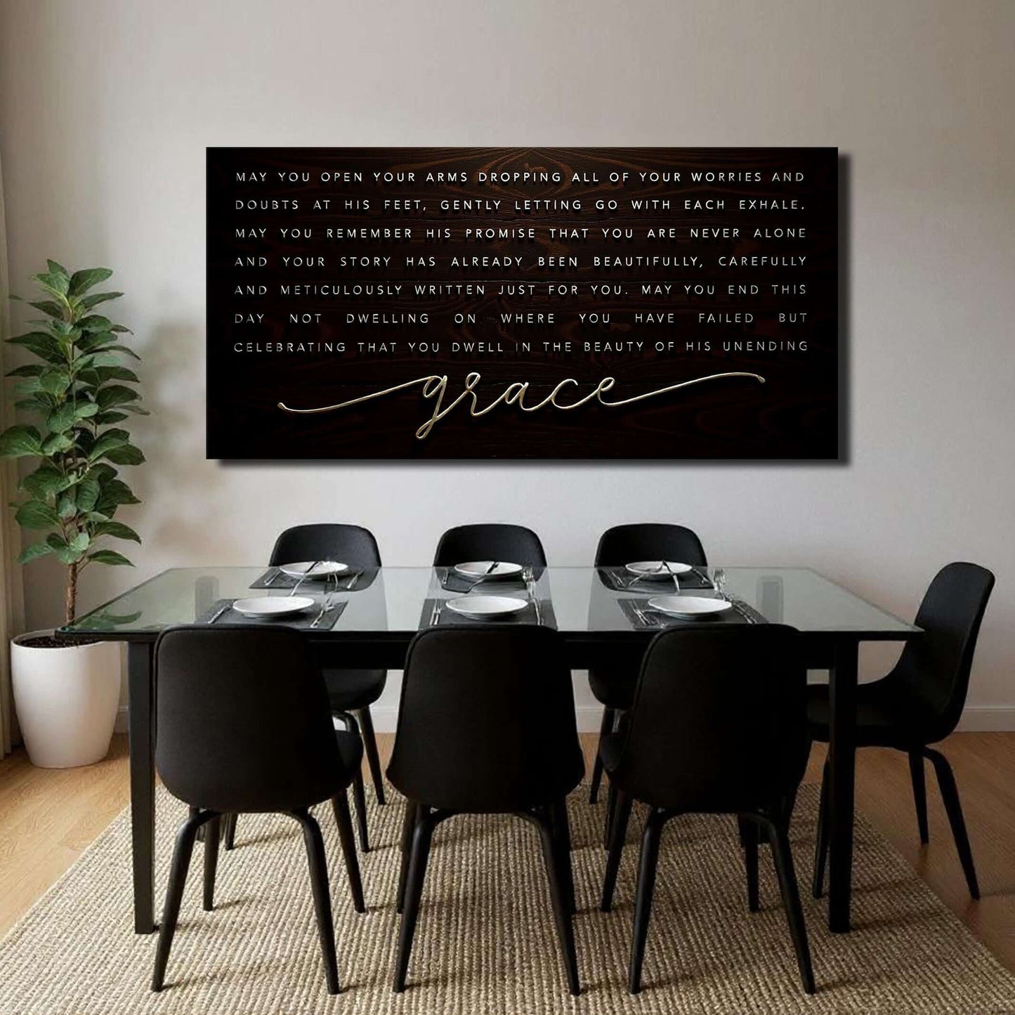 Unending Grace Faith Sign IV displayed above a modern dining table, blending inspirational decor with elegance.