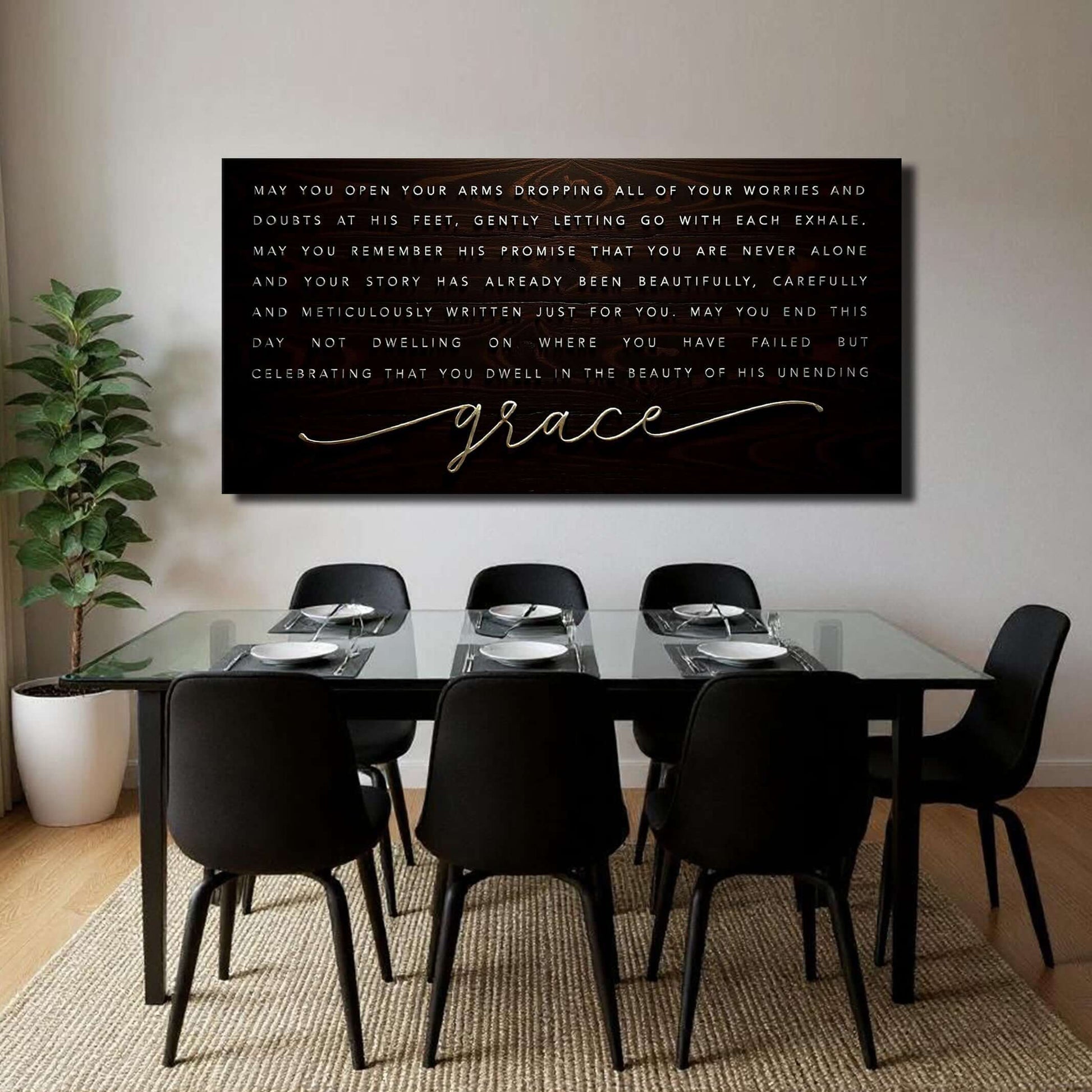 Unending Grace Faith Sign IV displayed above a modern dining table, blending inspirational decor with elegance.