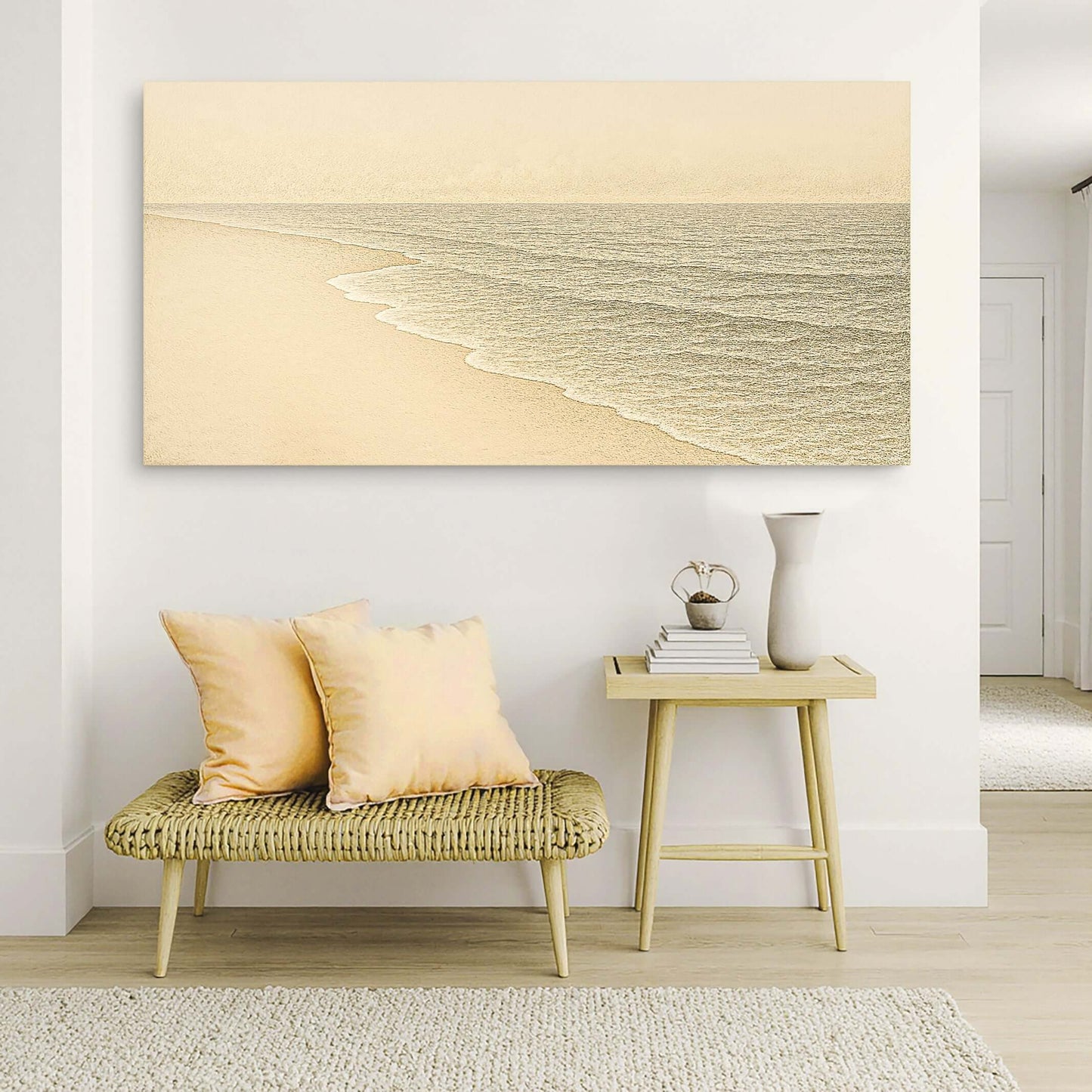 Beach Shoreline Coastal Canvas Wall Art III displayed in a modern living room with neutral decor and cozy seating.