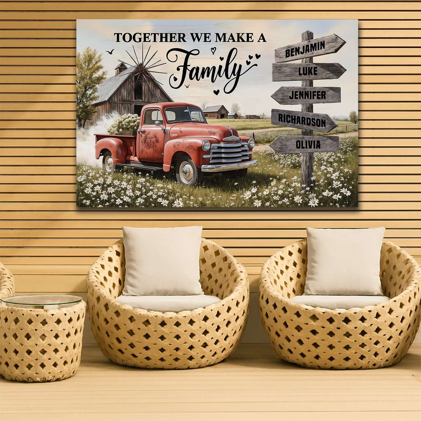 Personalized Family Farmhouse Old Truck Wall Art featuring red truck and family names sign