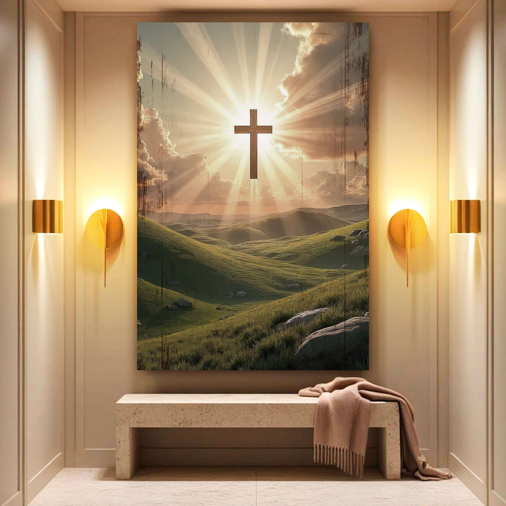 Amazing Grace Canvas Wall Art Made in USA featuring a cross in a serene landscape with rays of light.