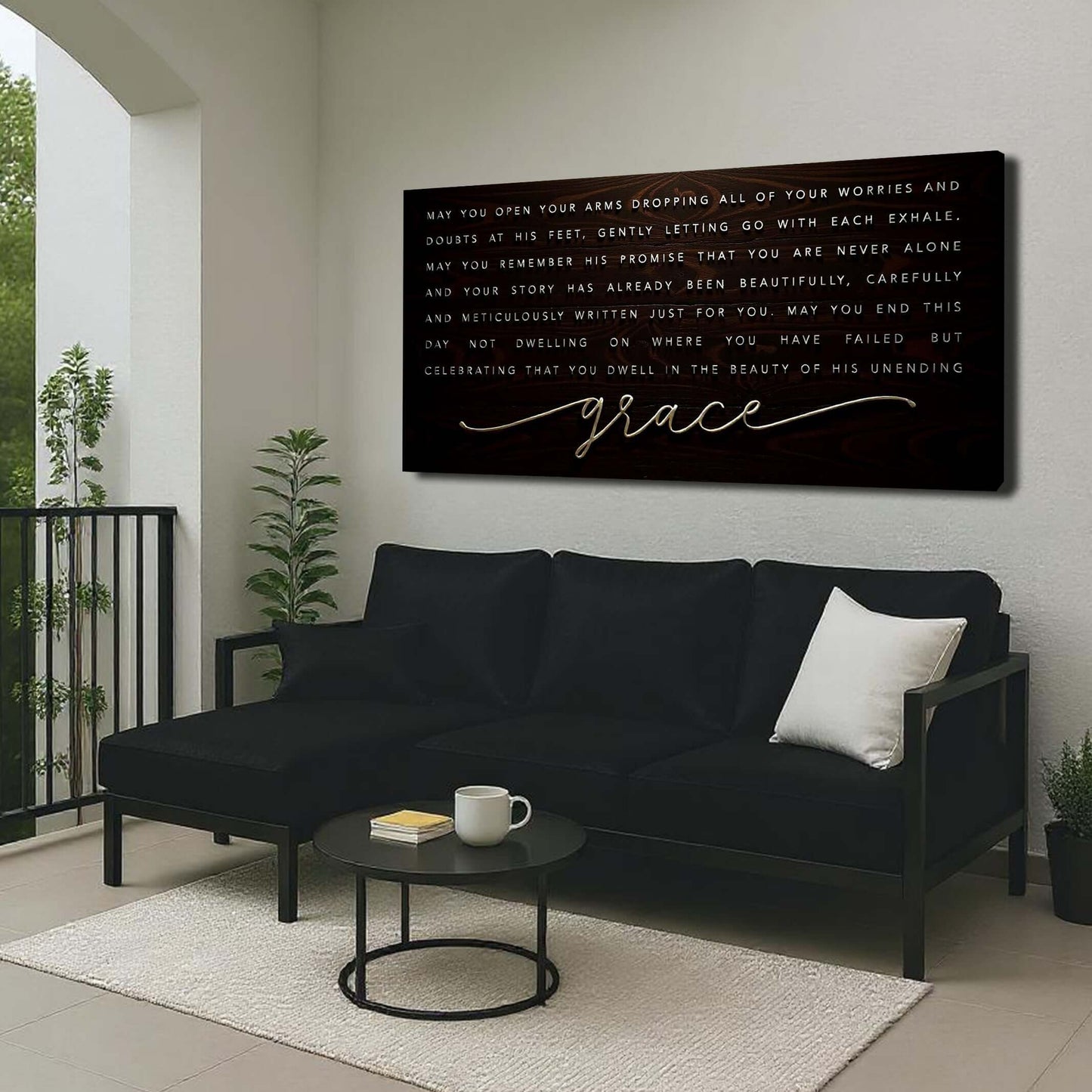 Unending Grace Faith Sign IV displayed in a stylish living room, showcasing inspirational words on canvas.