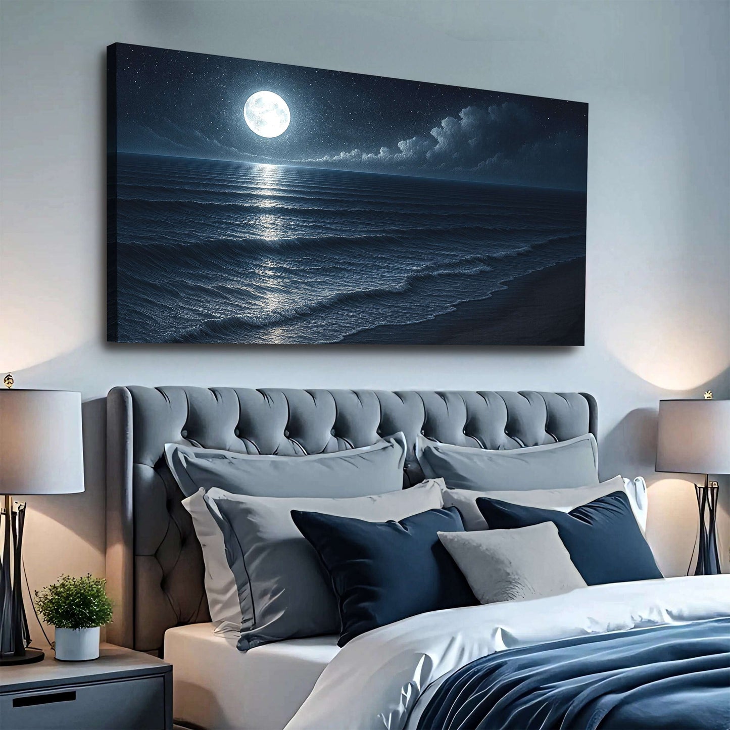 Beach Shoreline Coastal Wall Art featuring a moonlit ocean scene above a stylish bedroom headboard.