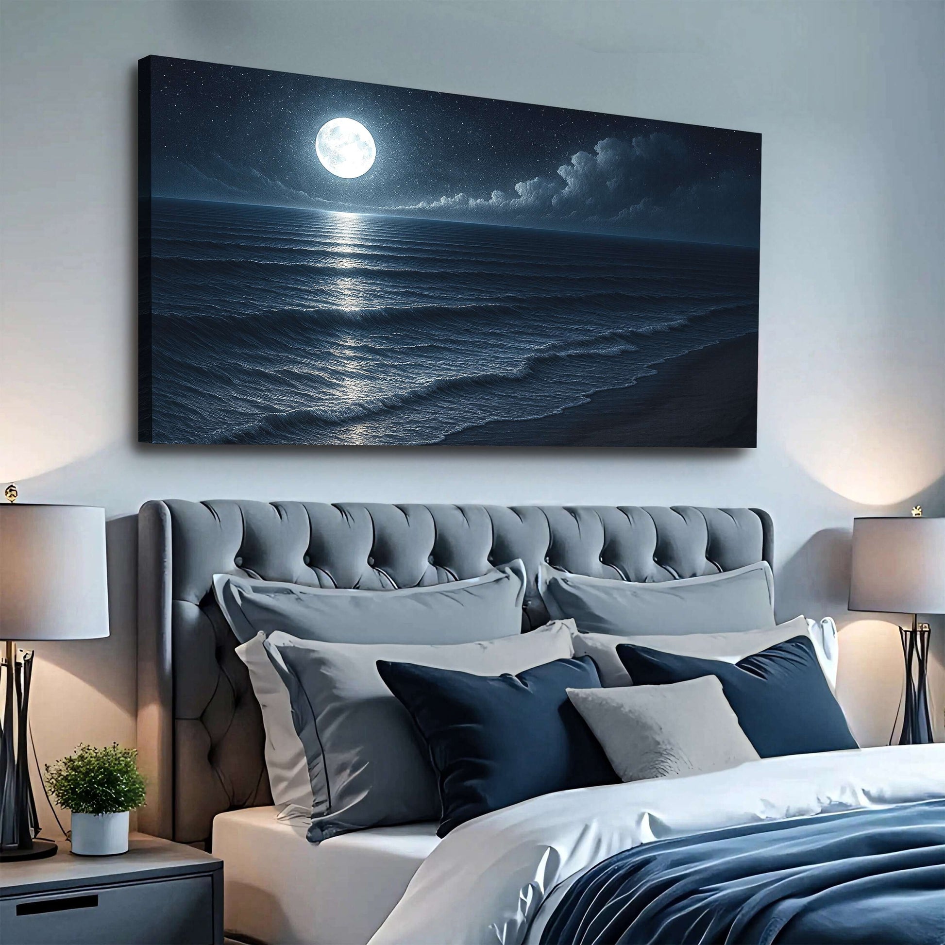 Beach Shoreline Coastal Wall Art featuring a moonlit ocean scene above a stylish bedroom headboard.