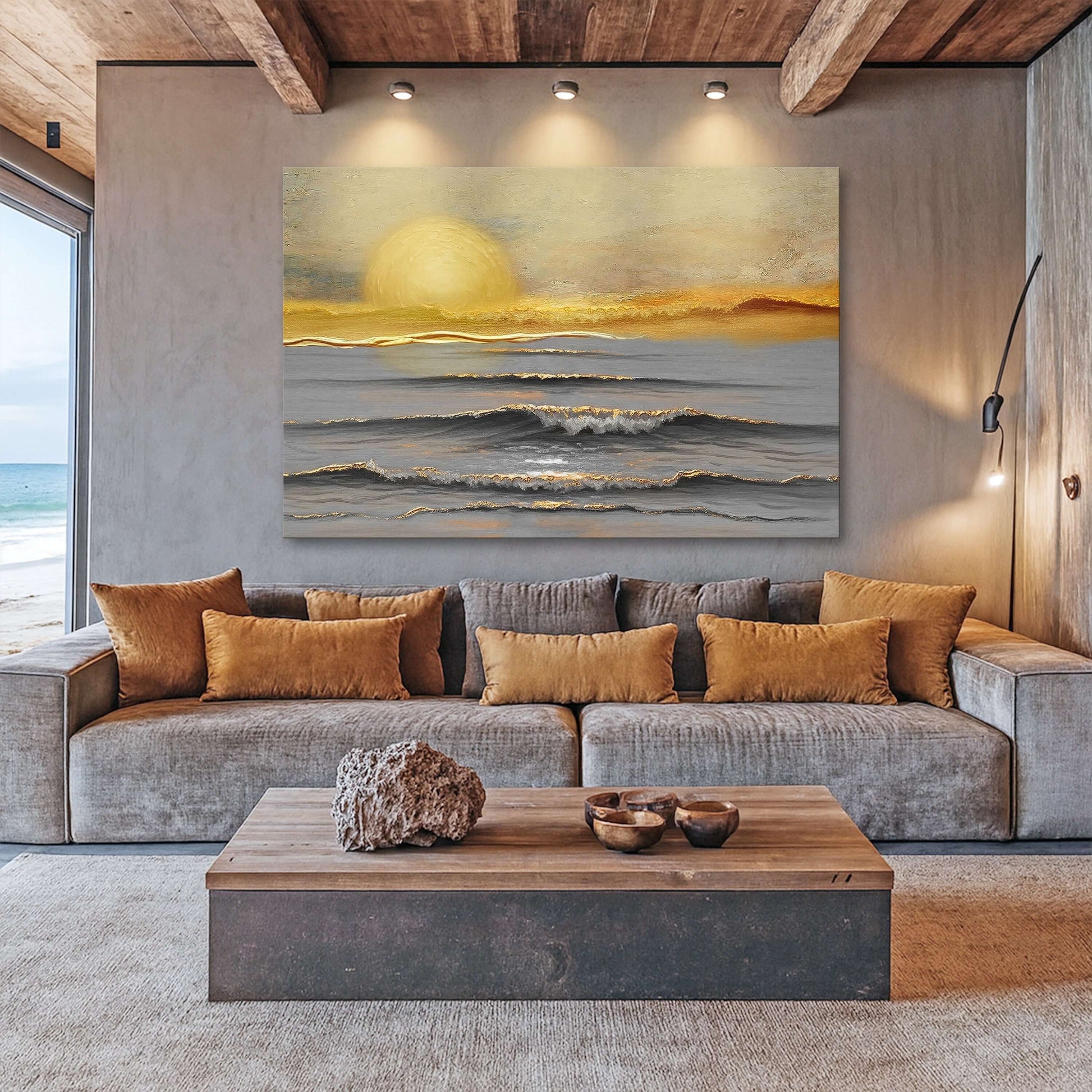 Golden Horizon Calm Canvas Wall Art displayed above a modern sofa in a stylish living room.