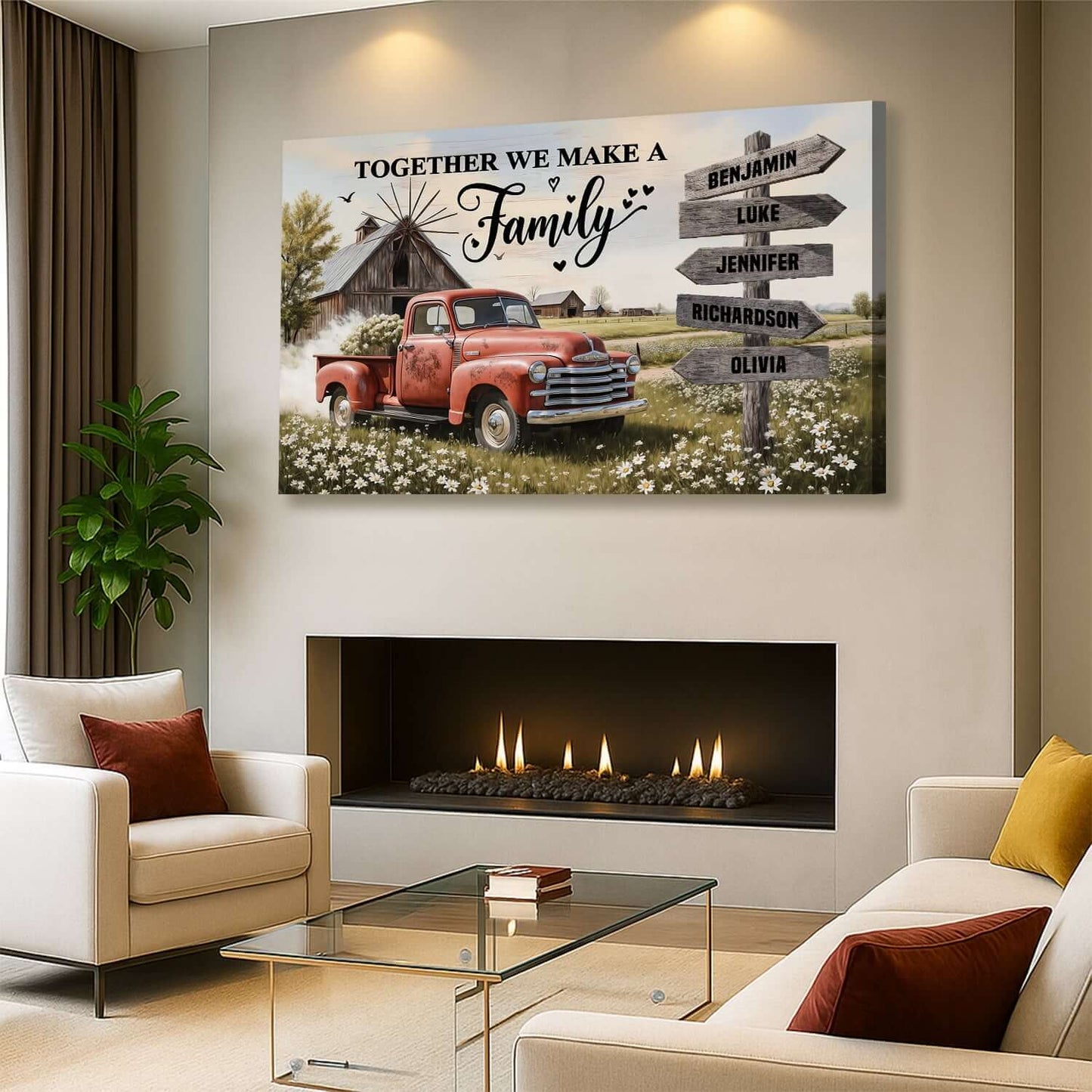 Personalized Family Farmhouse Old Truck Wall Art featuring a vintage red truck and family names.