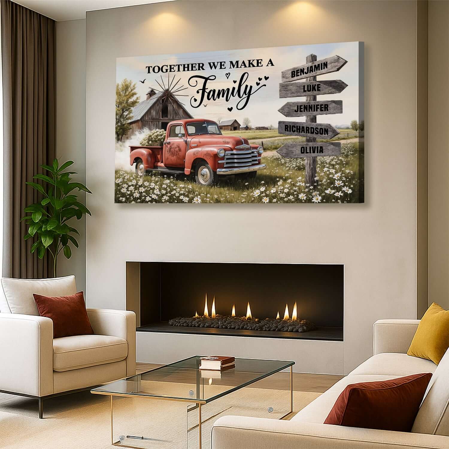 Personalized Family Farmhouse Old Truck Wall Art featuring a vintage red truck and family names.