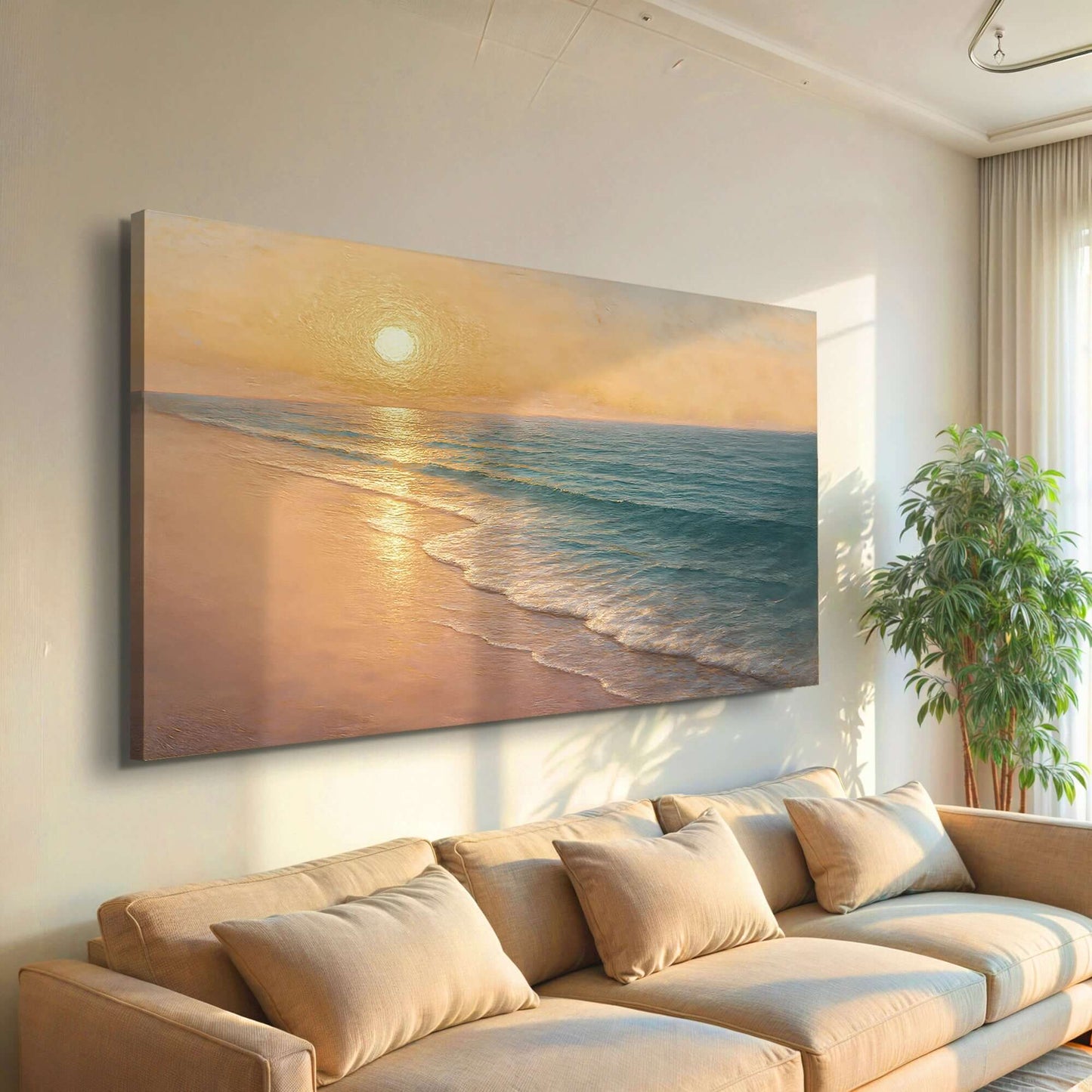 Beach Shoreline Coastal Wall Art IV depicting a serene sunset over the waves on a wall above a cozy couch.