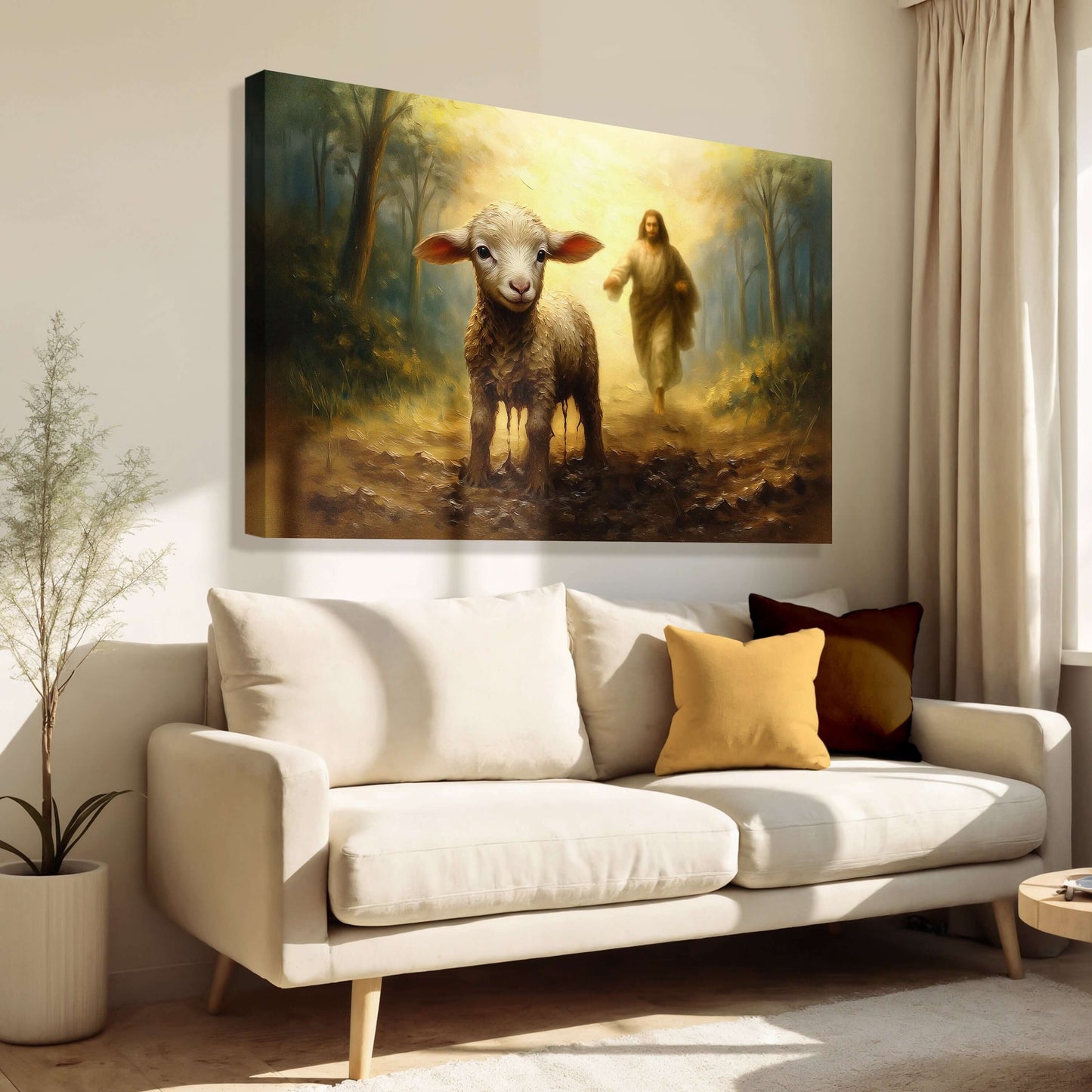 Jesus Running After A Lost Lamb Faith Wall Art displayed in a cozy living room setting.