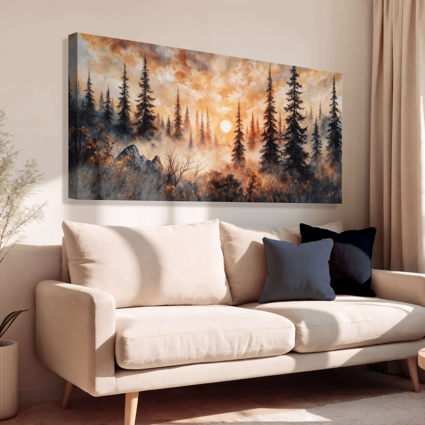 Rustic Forest Sunset Canvas Wall Art displayed above a cozy sofa in a modern living room setting.