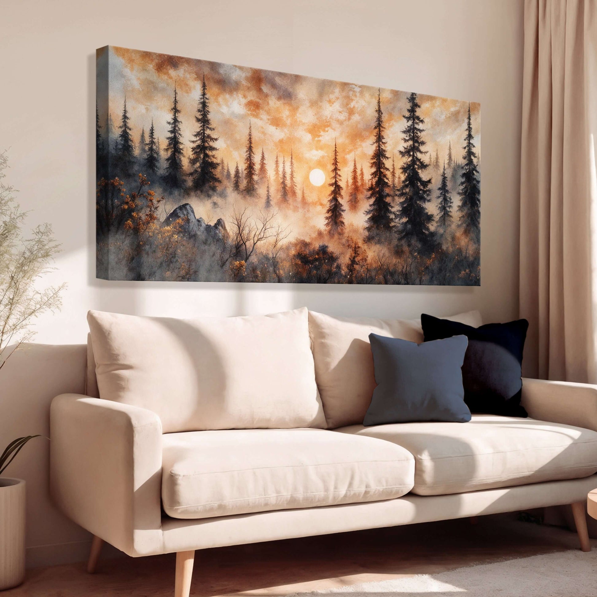 Rustic Forest Sunset Canvas Wall Art displayed above a cozy sofa in a modern living room setting.
