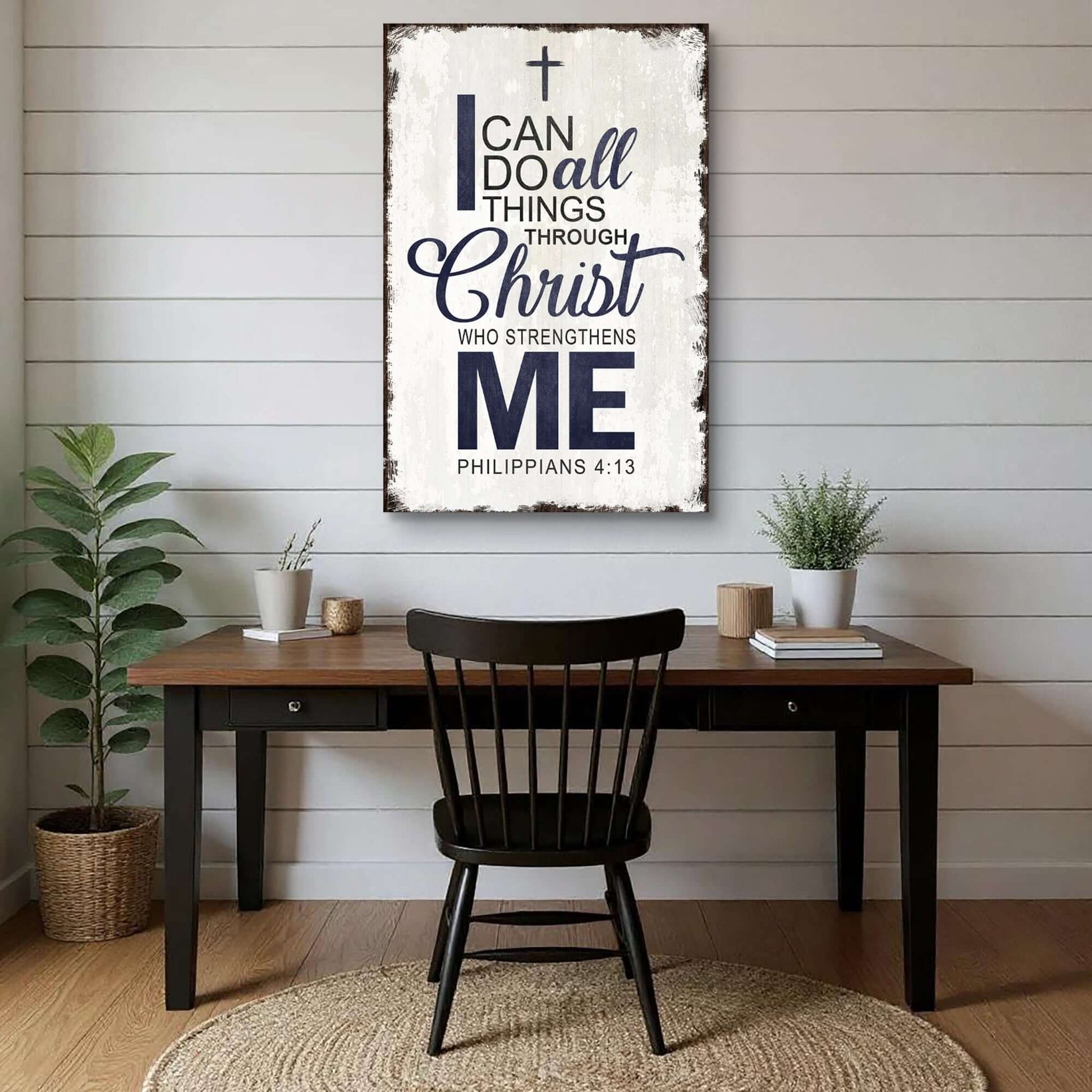 Philippians 4:13 - I Can Do All Things Through Christ Faith Sign II displayed in a stylish home office setting.
